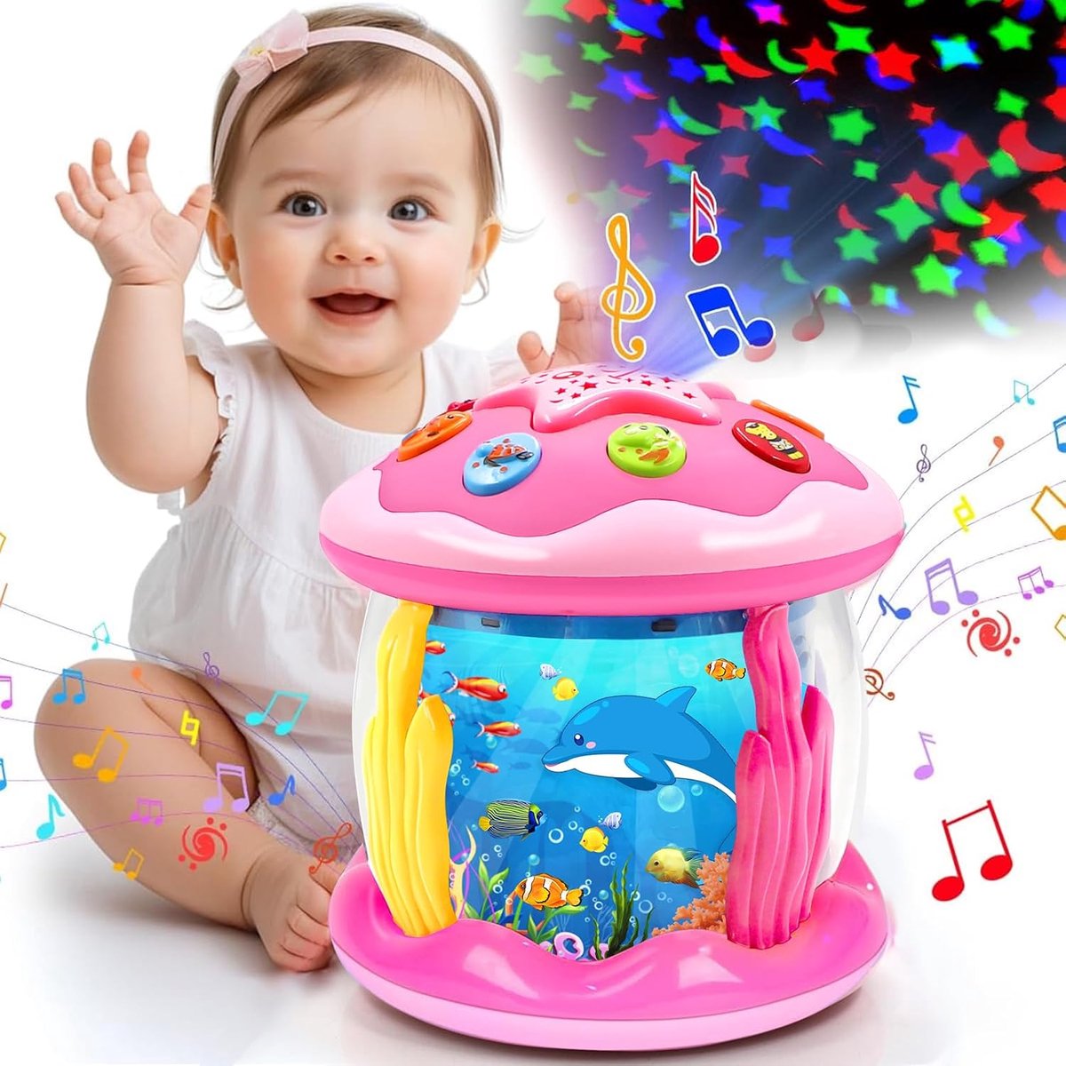 Babyspeelgoed vanaf 1 jaar, voor meisjes en jongens, draaiende projector, babyspeelgoed vanaf 6, 12, 18 maanden, met muziek/licht, interactief babycadeau, kinderspeelgoed vanaf 1 2 jaar