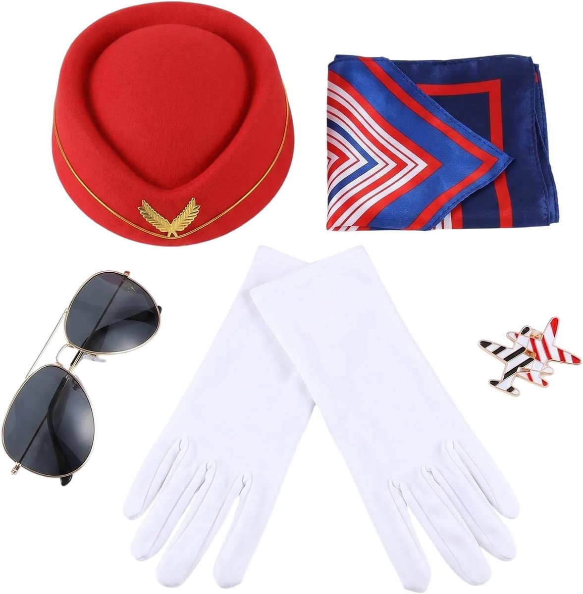 5 Stks Airline Stewardess Kostuum Accessoires Set Womens Flight Hat Zonnebril Sjaal Handschoenen Broches (rood)
