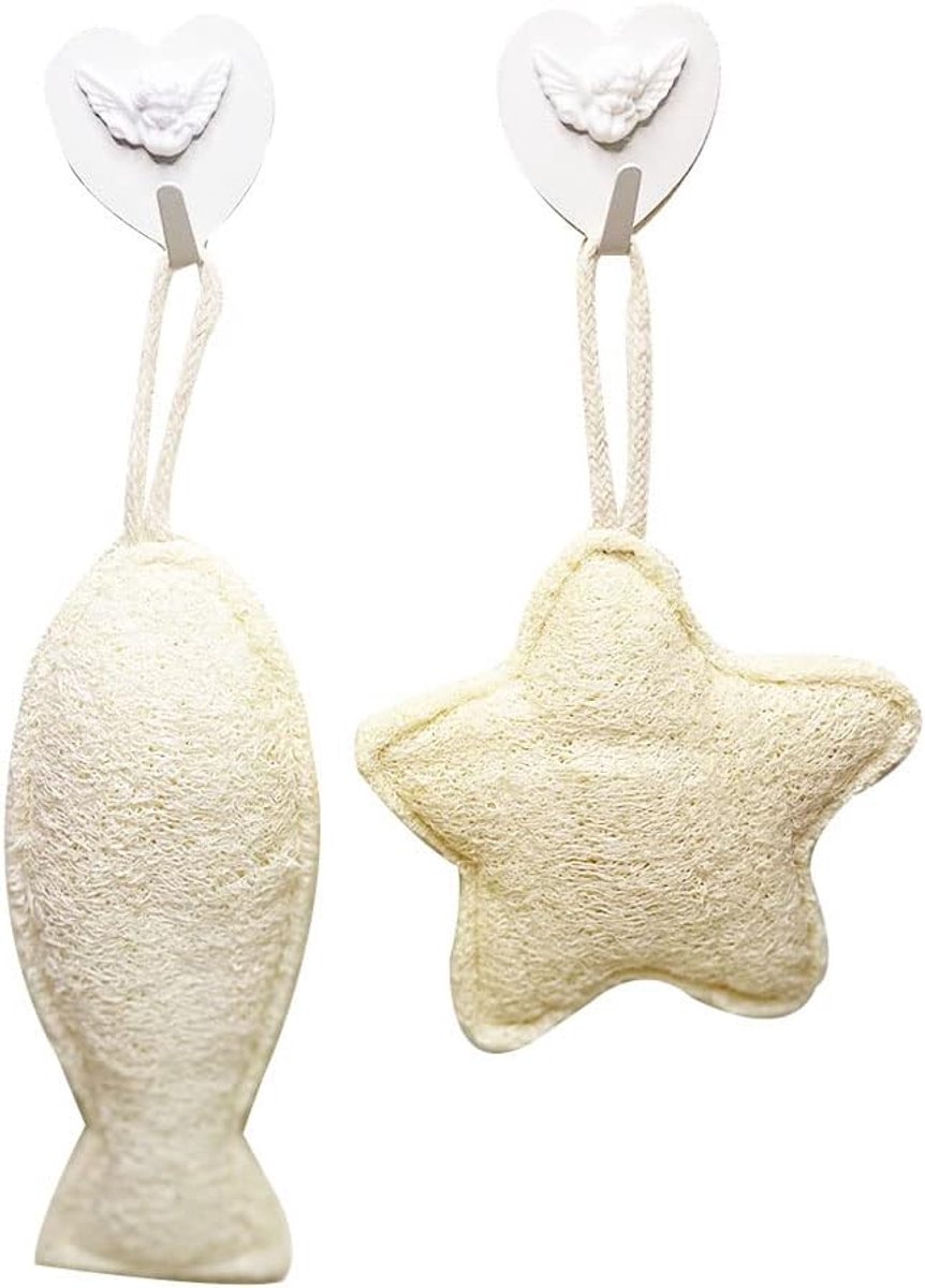 Style Loofah Set van 2 Vissen en Zeester Loofah Spons Grappige Exfoliërende Body Scrubber Douche Loofah Bad Spons met Engel Haken (Oceaan)