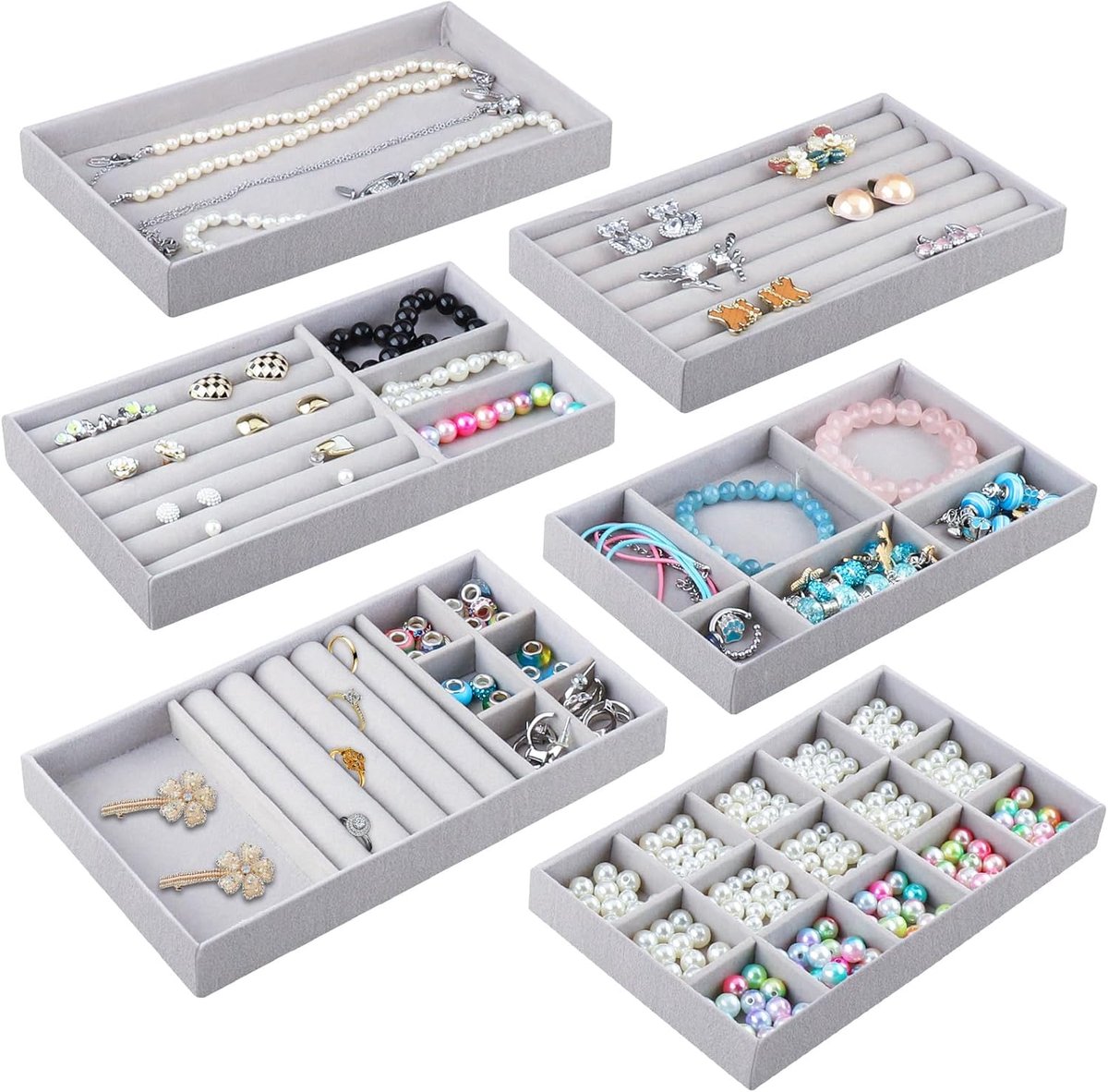 6 stuks fluwelen sieradenkistjes, stapelbare sieradenorganizers, lade voor oorbellen, ringen, armbanden, broches, halskettingen, grijs