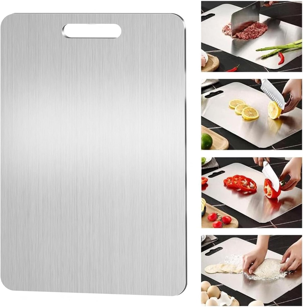 Snijplank van titanium, roestvrijstalen snijplank, dubbelzijdige snijplank voor levensmiddelen, snijplank van puur titanium, voor de keuken, voor vlees, brood, groenten, fruit snijden (39 x