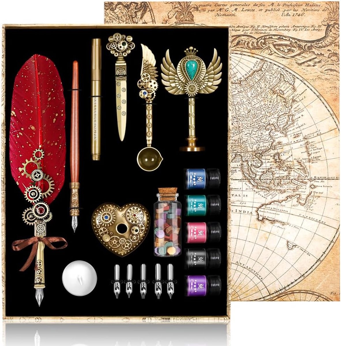 Pen en Inkt Set, Veer Pen Inkt Set Inclusief Quill Pen, Houten Pen, 5 Vervangbare Penpunten, 5 van Inkt, Seal, Wax Kralen, Envelop en Brief Papier Etc-Rood
