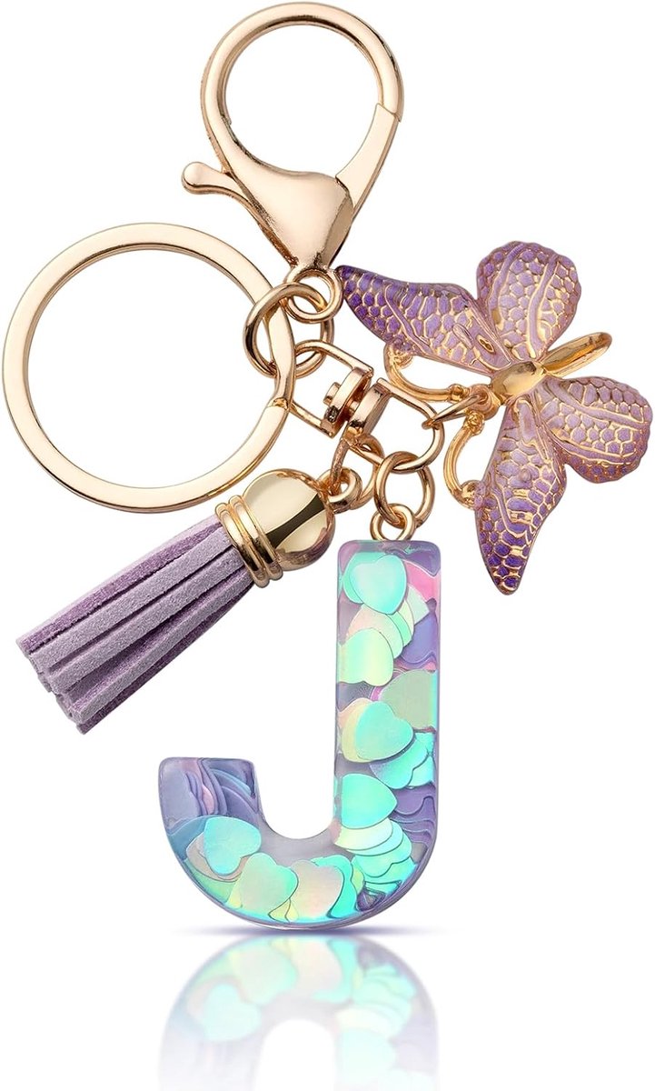 Sleutelhanger met letter meisje sleutelhanger beginletter geschenk vrouwen sleutelhanger vlinder, paars, lila