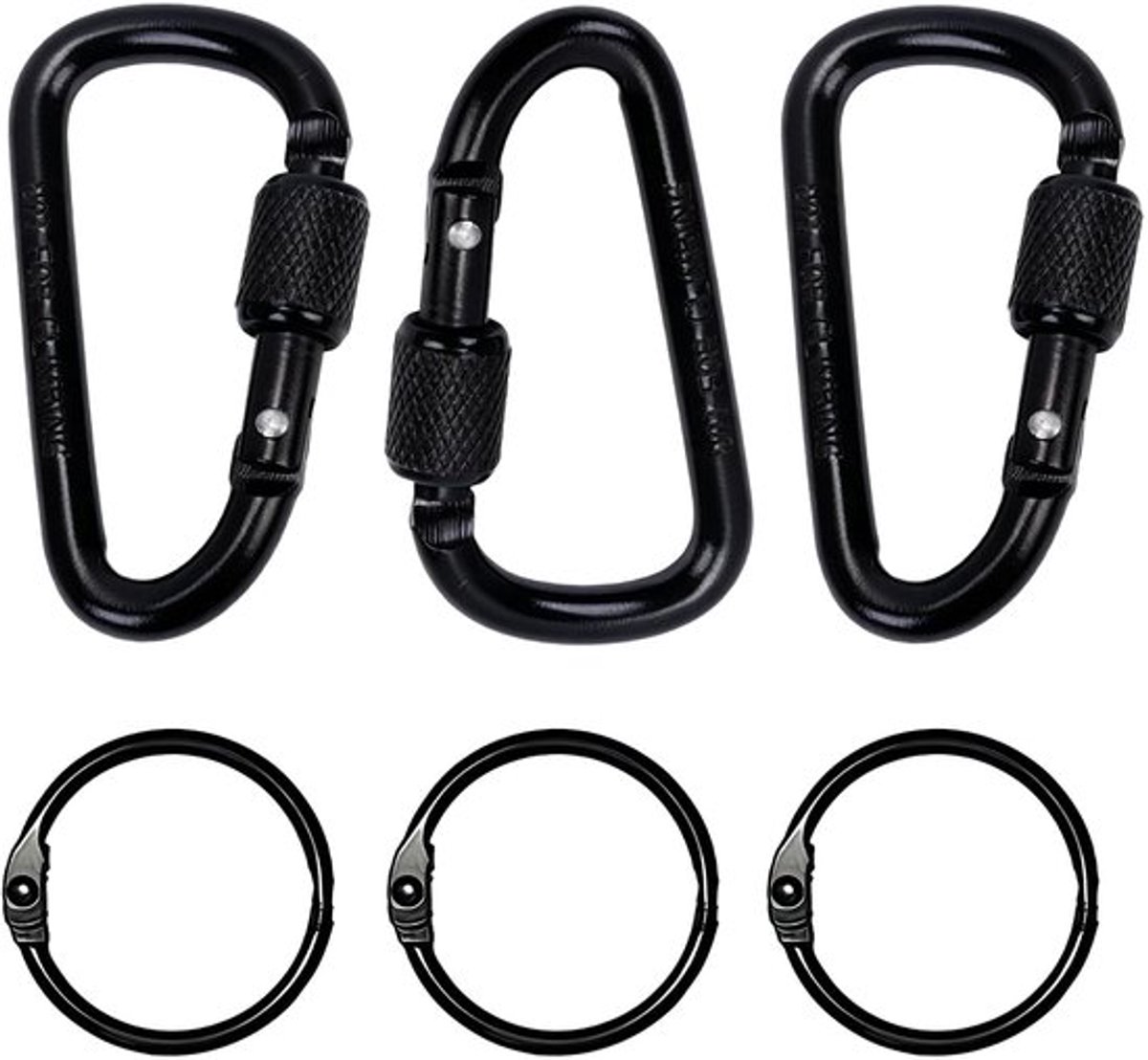 Karabijnhaak met schroefslot - 3 stuks - Lichtgewicht - Aluminium - Zwart - Compacte clip voor backpacken/kamperen - Haakclip