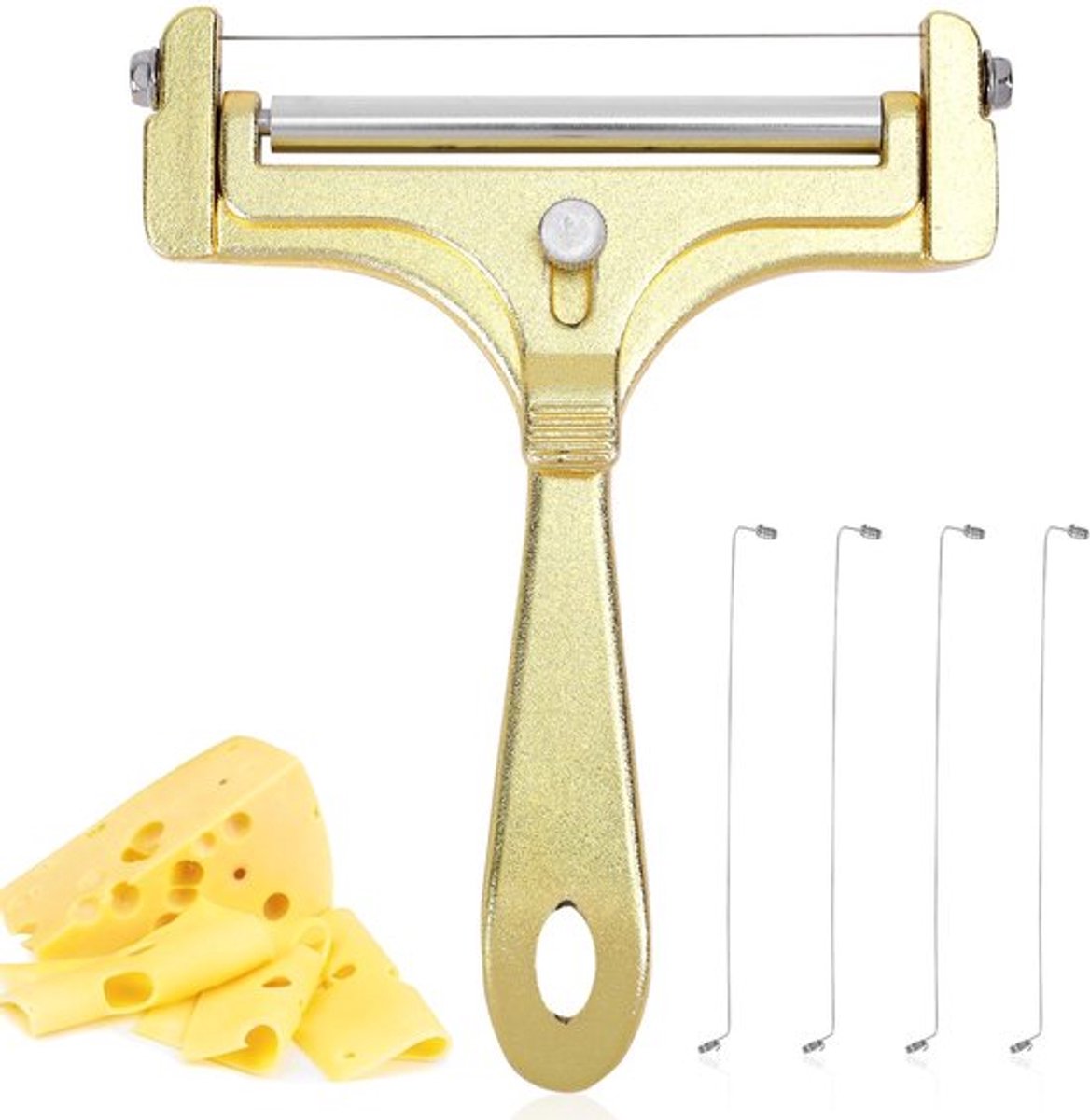 Kaassnijder Roestvrij Staal - Verstelbare Handbediende Boterbloksnijder - 4 Extra Draden - Kaasschaaf voor Cheddar/Gruyère/Mozzarella - 14,5x12cm - Voldoende Vervangende Draden