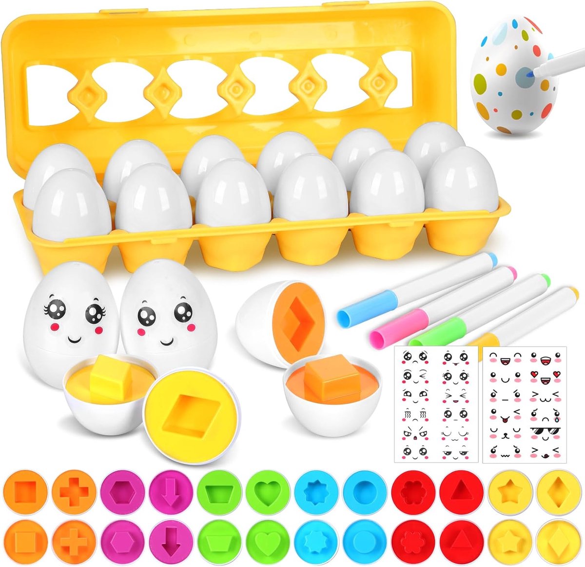 Montessori-speelgoed, 12 stuks bijpassende eieren, kinderen, kleur- en vormen, sorteringsherkenning, puzzel, eieren, sensorisch speelgoed voor kleine kinderen, met stickers en pen, voor Pasen