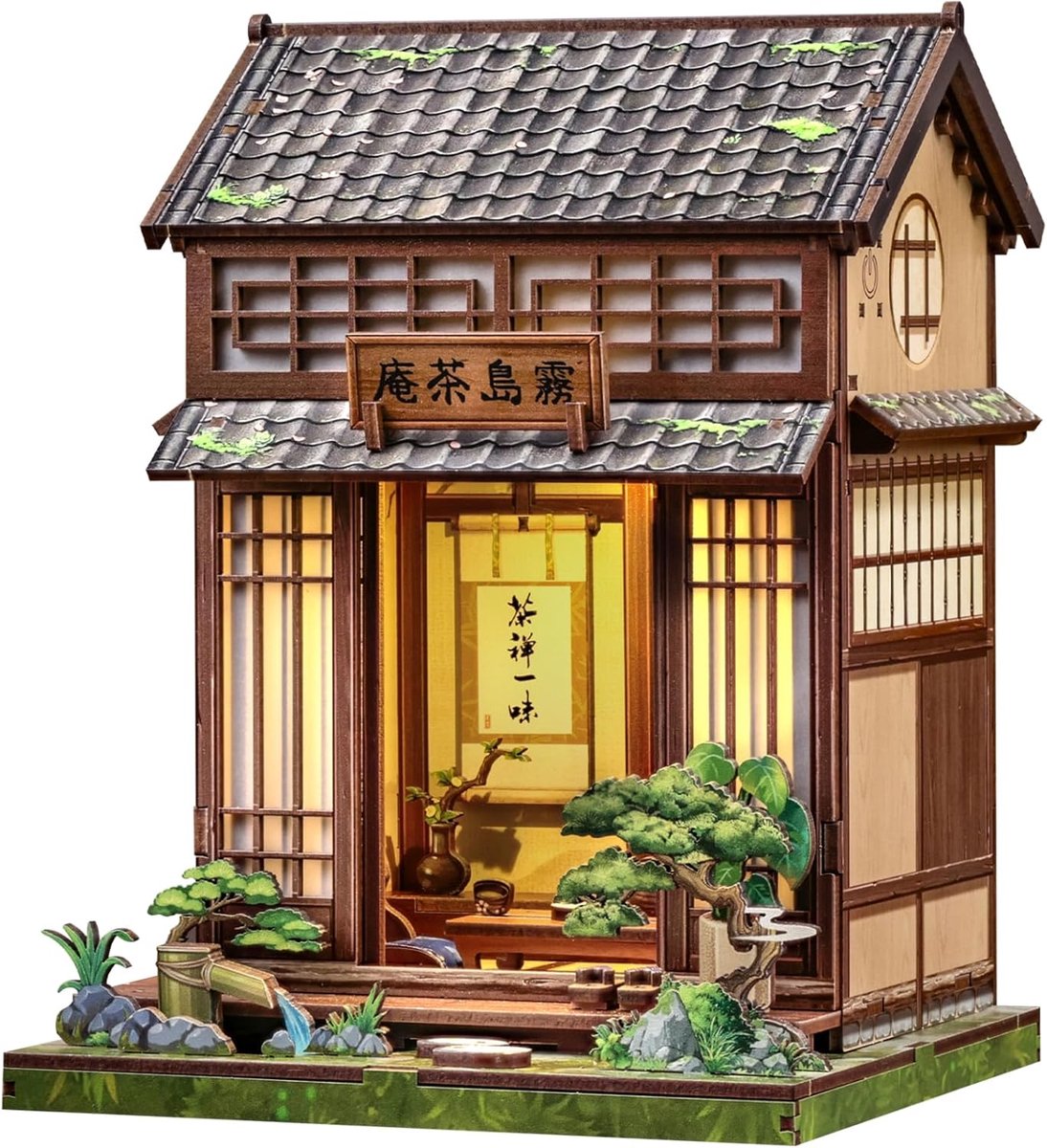 Book Nook Kit - Poppenhuis voor Volwassenen, Ontspannend Japans Theepaviljoen, DIY Miniatuurhuis met LED-verlichting en Stofkap, Boekenkastdecoratie, Cadeaus(Kirishima Cha-an)