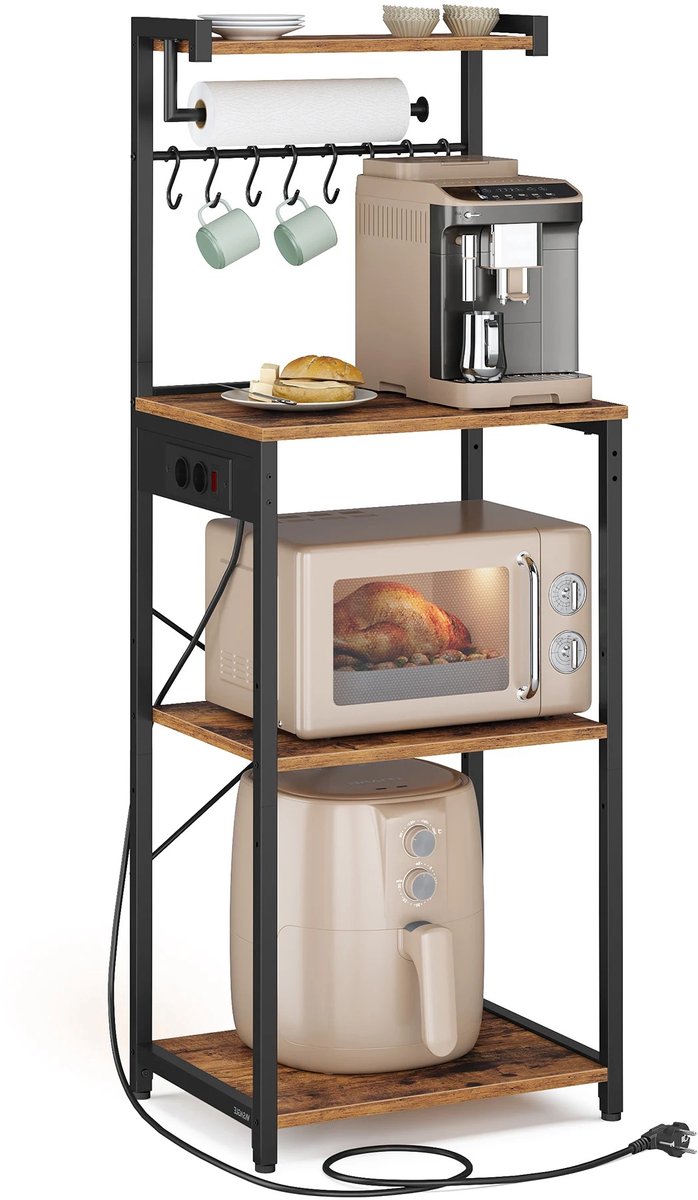 ITRONIQ Keukenrek Staand Met Stopcontact - Magnetronrek Met 4 Planken - Keukenkast Organizer 45x40x140 CM - Industrieel
