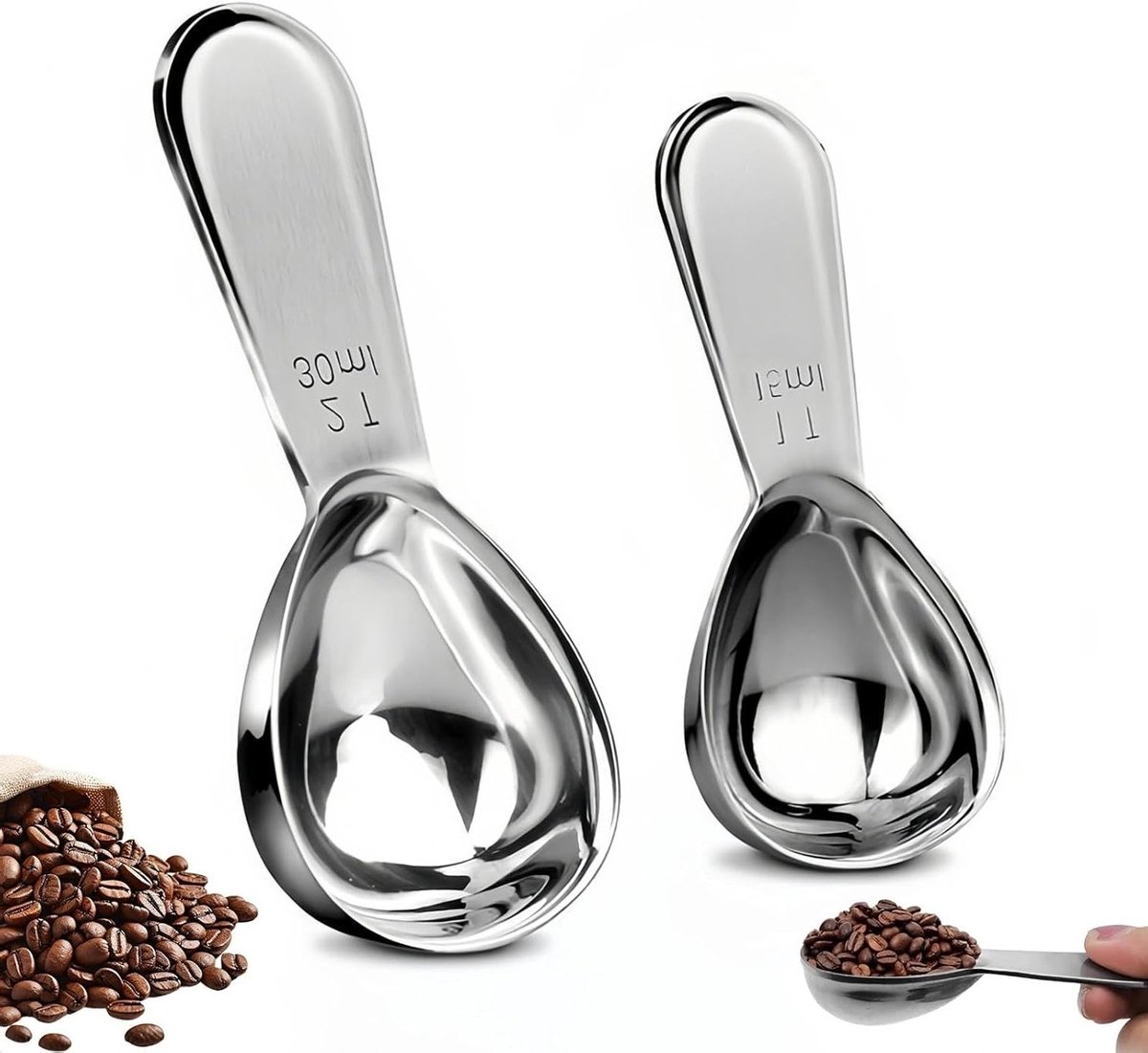 Koffiedoseerlepels 15 ml/30 ml, maatlepels voor proteïnepoeder en specerijen, roestvrij staal, ideaal voor koffie en melkpoeder, met handig handvat