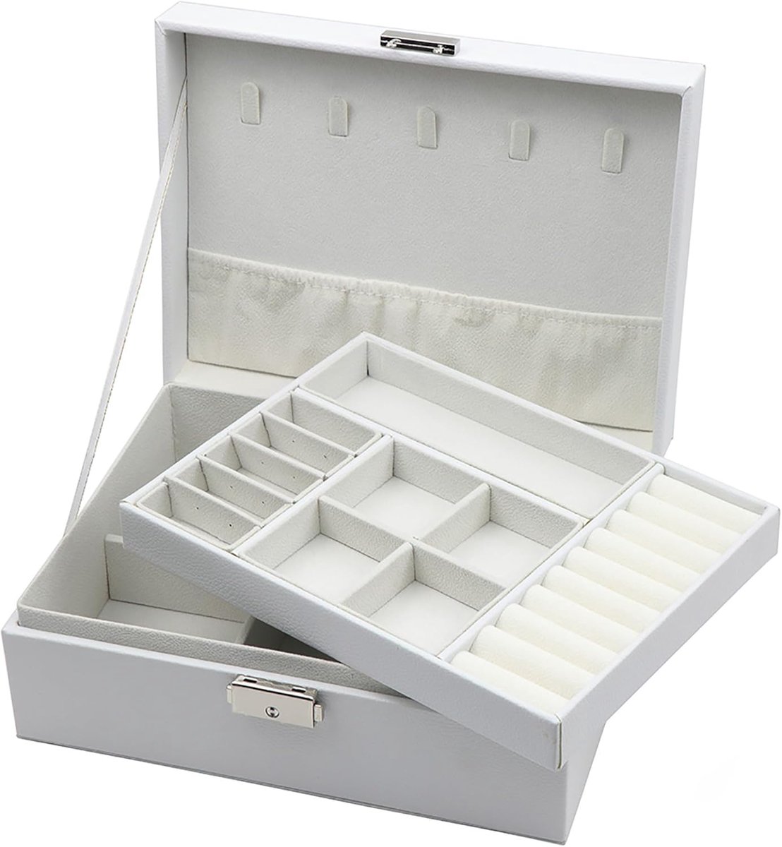 SnelShoppen - Grote Luxe Leder Juwelendoos voor Vrouwen - Wit - Organiseer Sieraden - 2-Laags met Sleutel - Voor Kettingen, Oorbellen, Armbanden, Ring