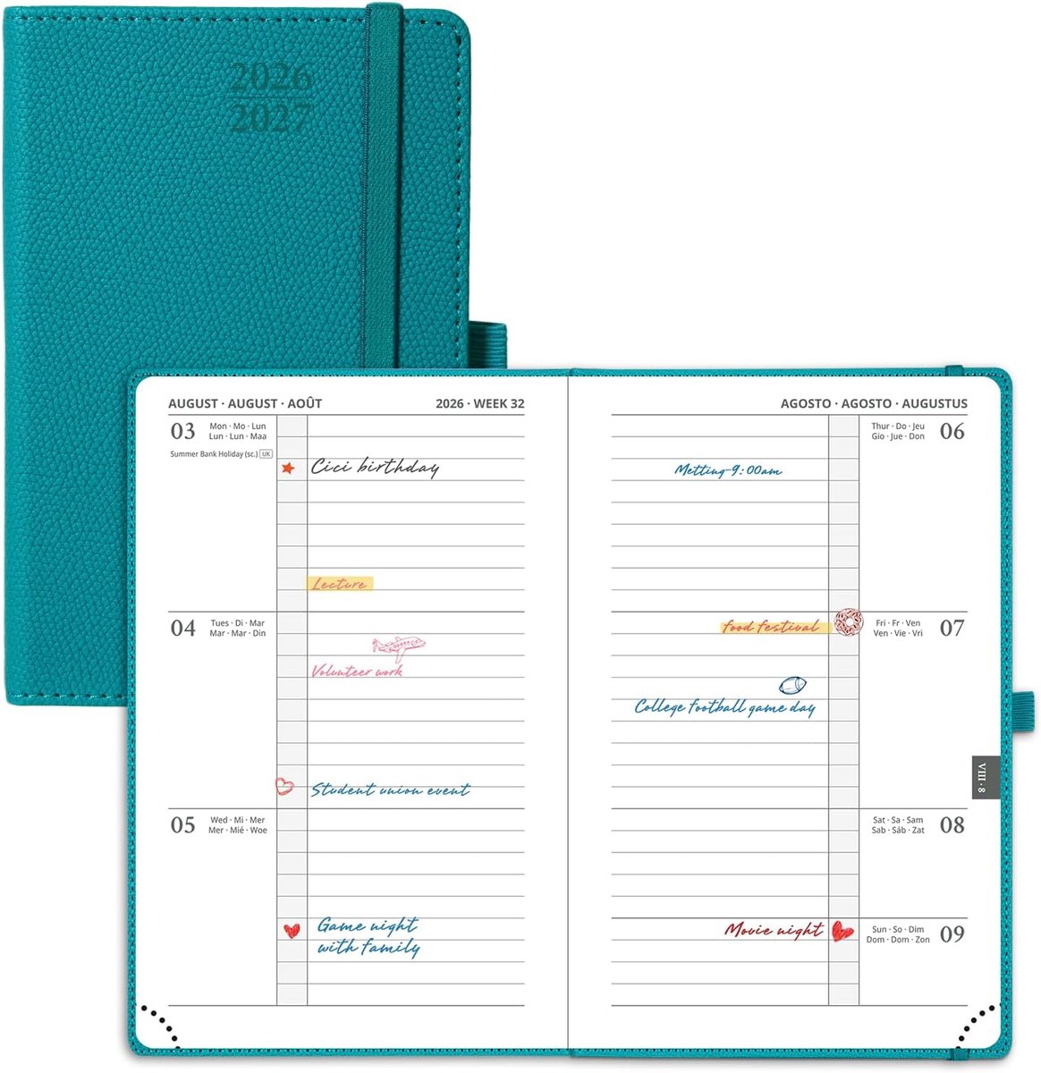 SnelShoppen - Horizontale Wochenplaner 2026 2027, A6 Terminkalender met PU Leder, 17-Maanden Organiser in Pacific Groen, 1 Week 2 Pagina's, Hardback,