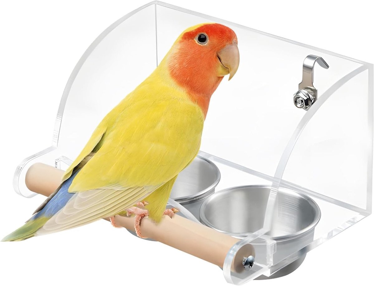 Transparante vogelvoederdispenser met waterbak, dubbele roestvrijstalen vogelbakken en antislip standaard, ideaal voor papegaaien en andere vogels