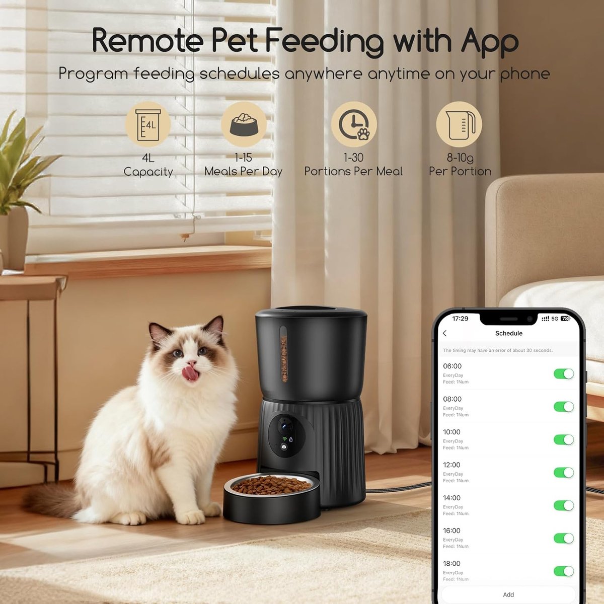 SnelShoppen - Automatische Kattenvoerdispenser met Camera, 1080P HD Beeld, Nachtzicht, 4L Wi-Fi Voederautomaat, App Controle, Twee-Wege Audio, Verstel