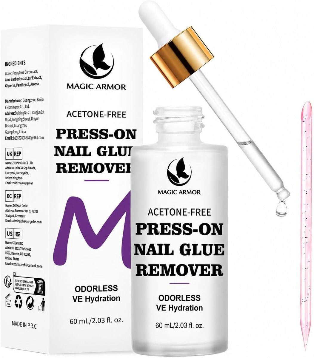 SnelShoppen - MAGIC ARMOR Nagellijm Verwijderaar 60 ml, Aceton Vrij, Zacht en Effectief voor Press-On en Kunstnagels, Snelle en Geurloze Nagellijm Ver