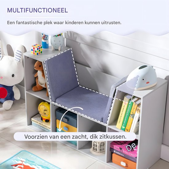 Grijze kinderhoekbank met zachte, dikke kussens, ideaal voor de slaapkamer.