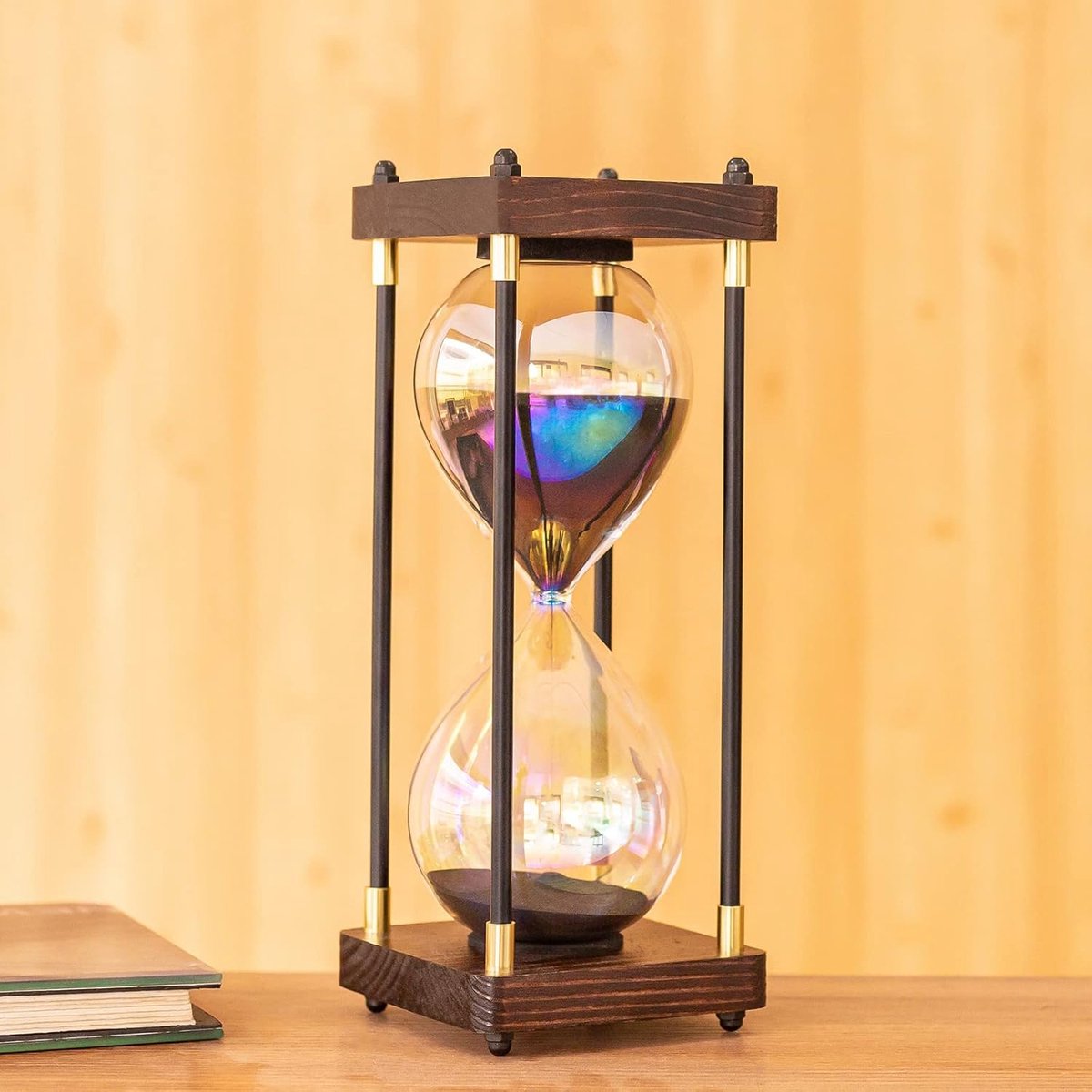 SnelShoppen - Large Hourglass 60 Minuten Rainbow Glazen Decoratie voor Thuis, Kantoor en Bruiloft - Zwart Cadeau