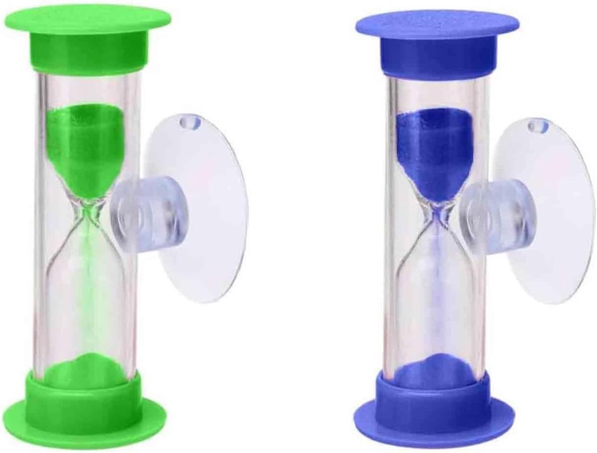 SnelShoppen - 2 Stuks Kinderuurglas met Zuignap - 3 Minuten Kleurige Timer voor Tandenpoetsen - Duurzaam Plastic en Zand - Ideaal voor Kinderen in Keu