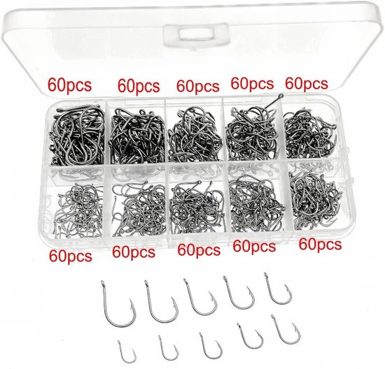 SnelShoppen - 600pcs Assorted Fishing Hooks - Carbon Steel Barbed Visserij Haakjes met Ogen in Plastic Opbergdoos - Maten 3 t/m 12 voor Hoge Vangst Ka van Snelshoppen — afbeelding 4