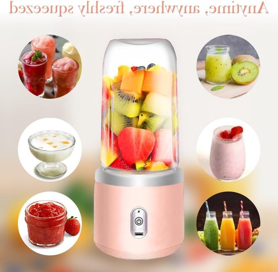 Draagbare Smoothie Maker van 400ml met Reisdeksel, USB Mini Blender voor Fruit, Sap, Jam en Shakes met 6 Messen, Roze Kleur — afbeelding 2