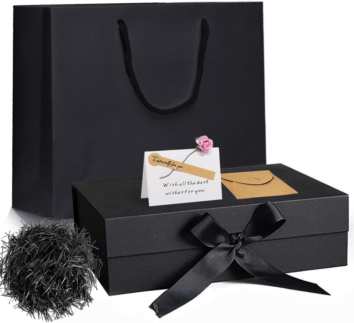 SnelShoppen - Luxe Geschenkdoos met Strik, Wenskaart, Papieren Zak en Vulpapier - Milieuvriendelijk, Perfect voor Verjaardagen, Jubileum, Koppels en F