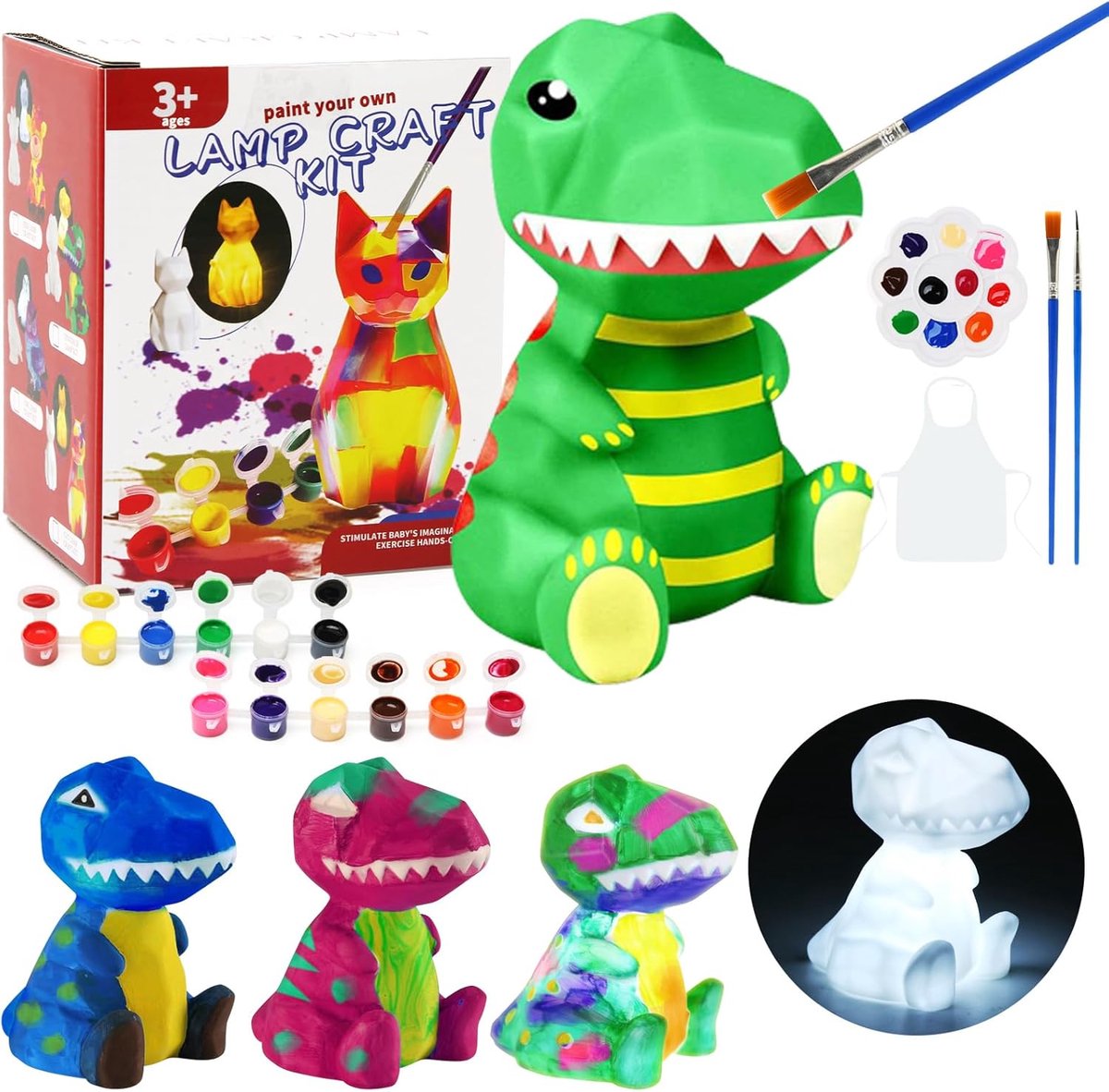 SnelShoppen - DIY Dinosaur Lamp Bastelset voor Kinderen 6-12 Jaar - Creatieve Schilderset met 12 Kleuren, Palet, Schort en Kwasten - Perfect voor Fees