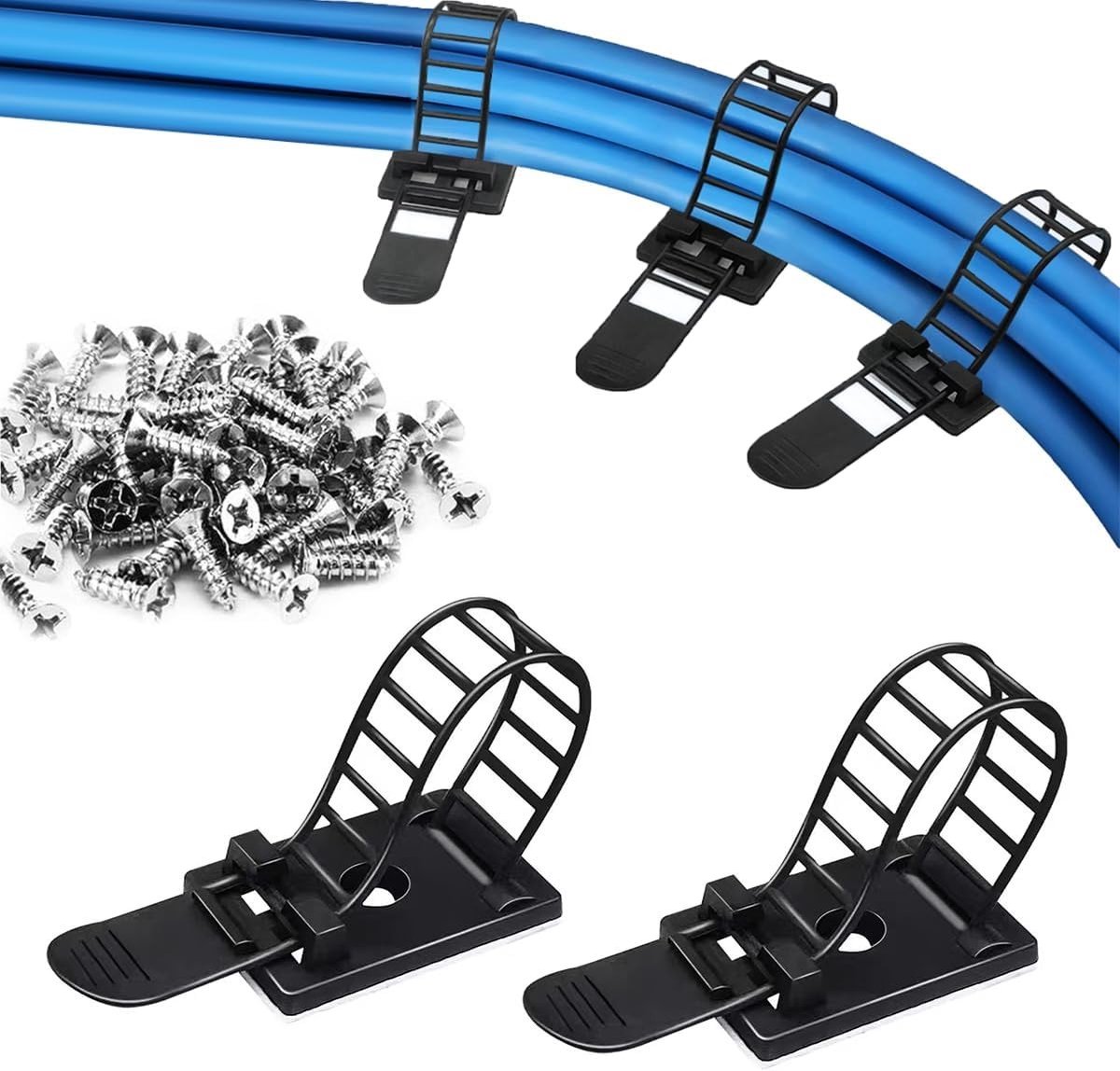 Verstelbare zelfklevende kabelclips, 50-delige set voor kabelbeheer, draadbeugels voor TV, PC en laptop - Zwart met schroeven, geschikt voor thuis en op kantoor