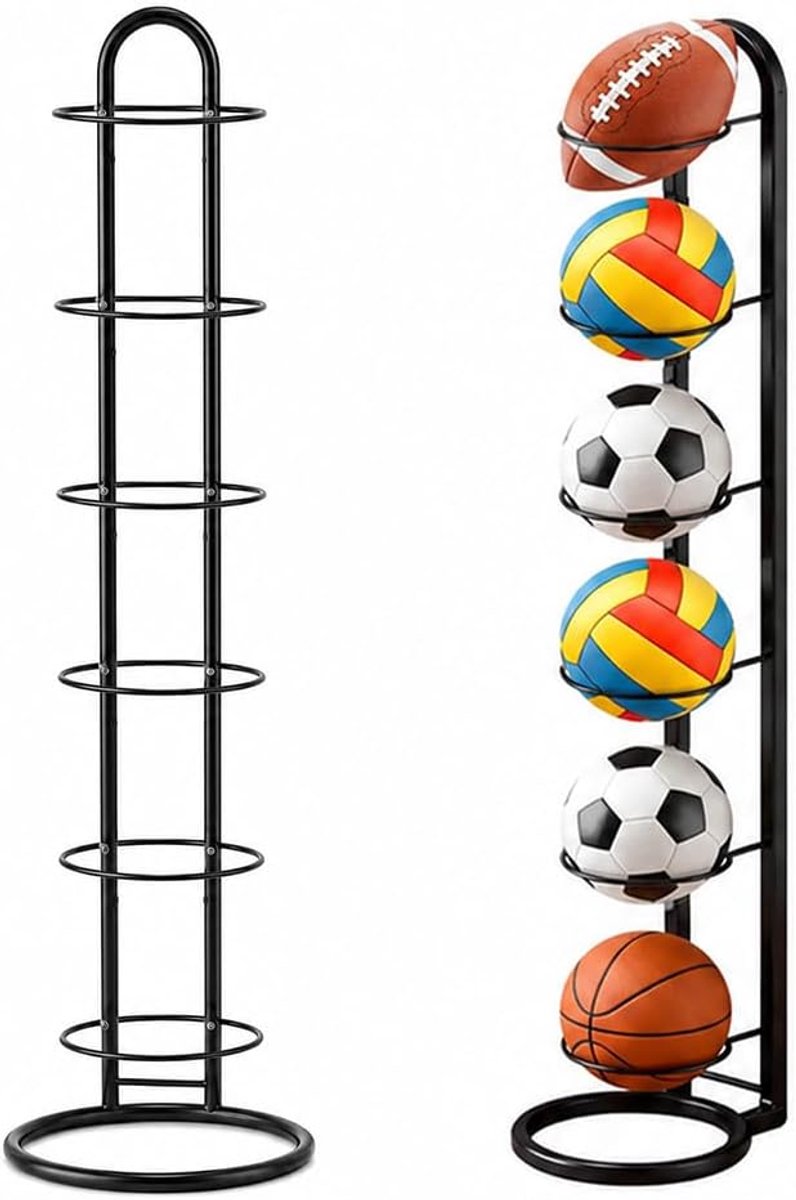 SnelShoppen - Ball Rack 6 Niveaus - Verticale Stand voor Voetbal, Basketbal, Volleybal - Zwart - Stabiele Cast Iron Constructie - Ideaal voor Sportclu