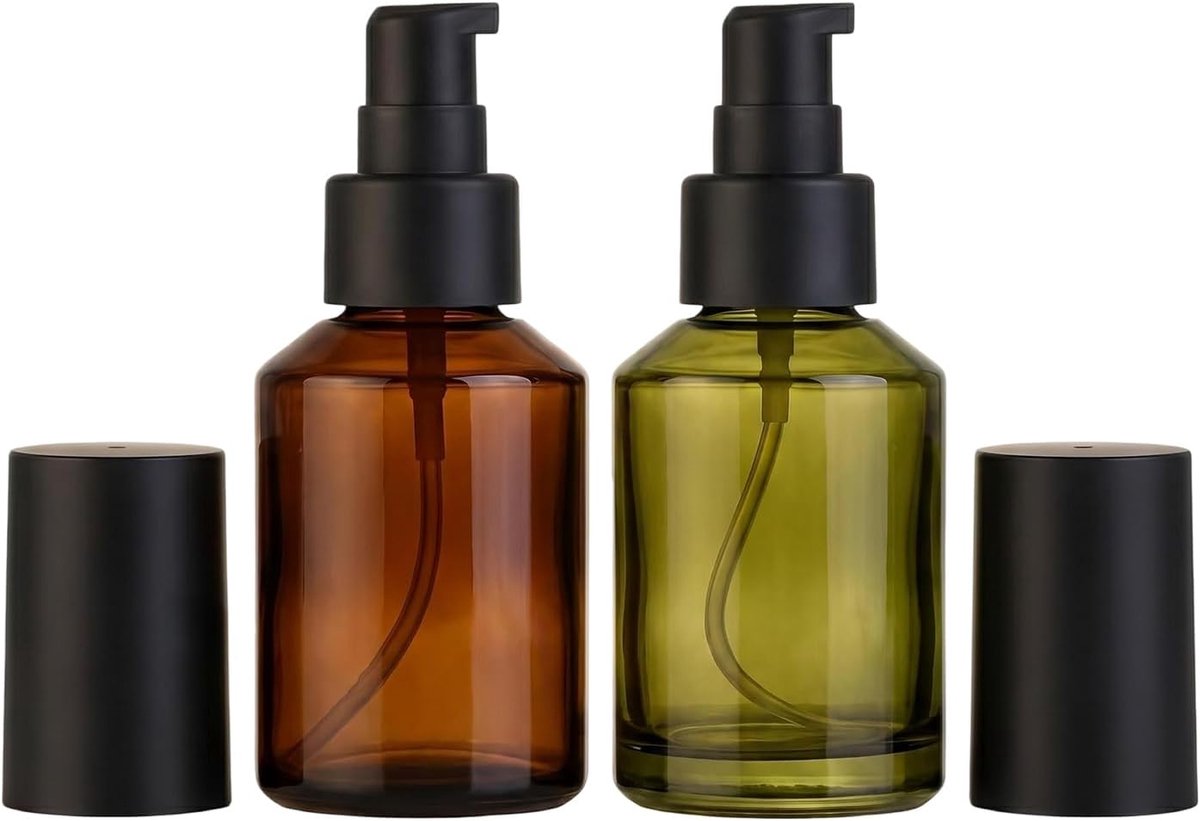 SnelShoppen - 2x 60ml/2oz Glazen Reisbottles met Pomp - Levensmiddelbestendige Cosmetische Fles - Lekvrije Lotion Dispenser - Donker Glas in Wijnrood