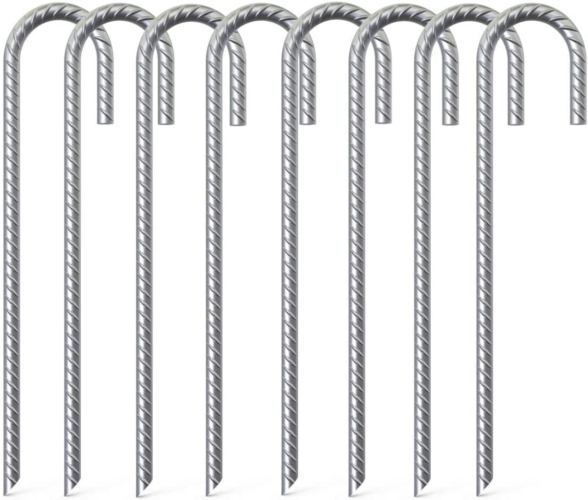 SnelShoppen - 8 Stuks Sterke Grondpinnen 40cm - Galvanized Stalen Grondankers met J-Haak - Roestvrij - Ideaal voor Camping, Tenten, Trampolines, Awnin