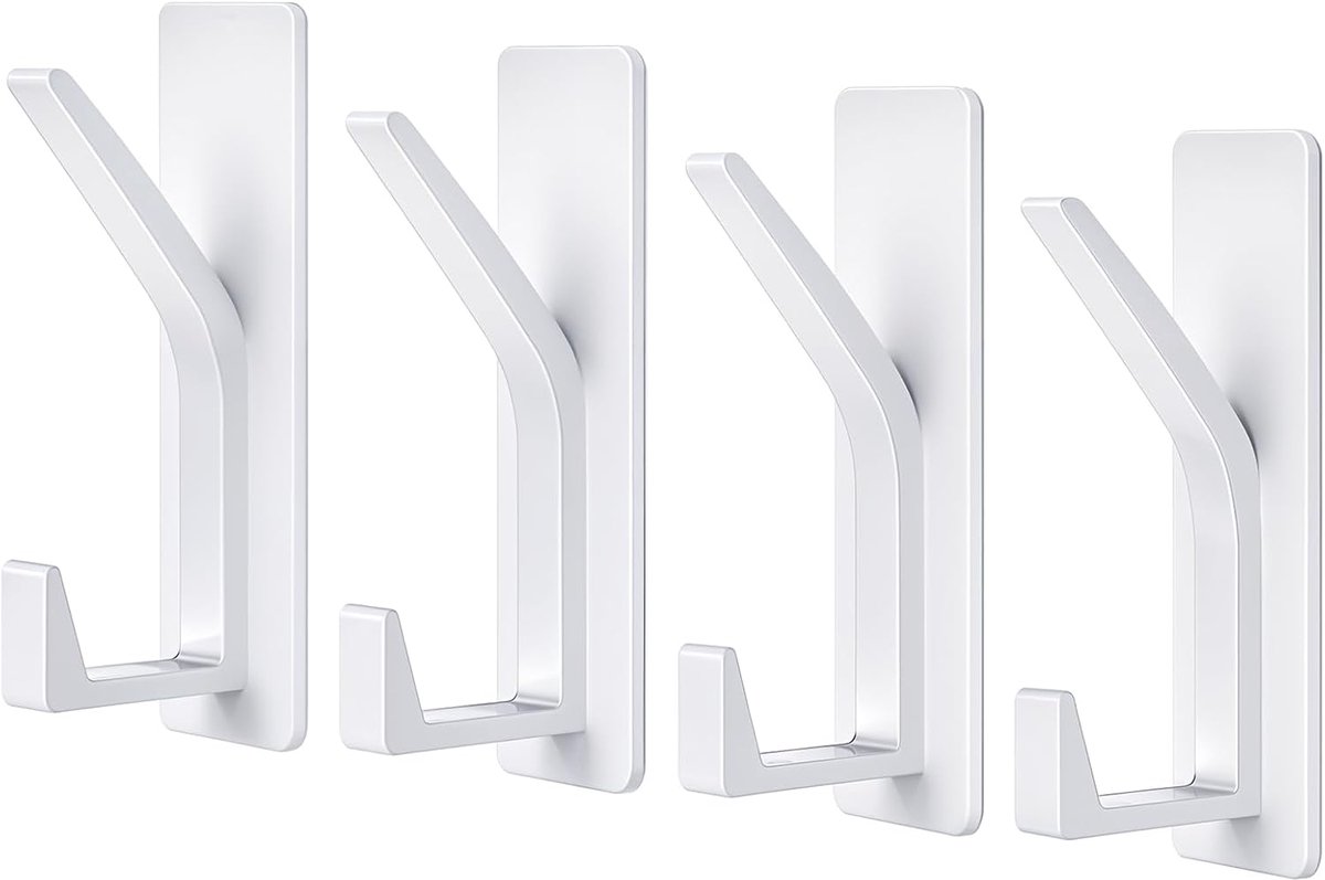 SnelShoppen - Pack van 4 Zelfklevende Metalen Haakjes - Extra Sterke Witte Deurhaken - Handdoek Haakjes - Geen Boren Nodig voor Badkamer, Keuken, Woon