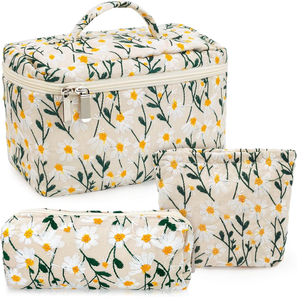 SnelShoppen - Beige Embroidery Daisy Cosmetic Bag Set - 2-delige Toilettas Organiser voor Makeup, Reizen, Feest en Dagelijks Gebruik - Bloemenpatroon,