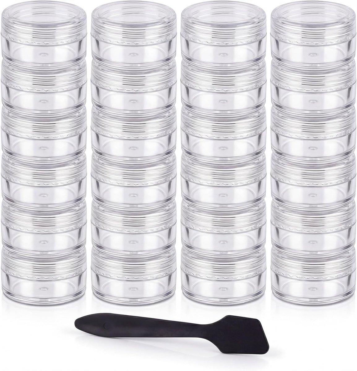 Set van 24 plastic potjes van 10 ml voor crèmes, zalven en lippenbalsem met deksel + 1 vel etiketten voor cosmetica opslag
