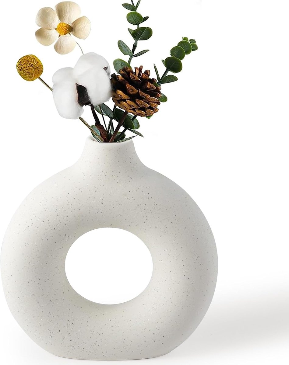 SnelShoppen - Keramische Witte Vaas Pampasgras Donut Vaas Mat Rond Modern Boho Droogbloemen Decoratie voor Thuis Woonkamer Kantoor (S)