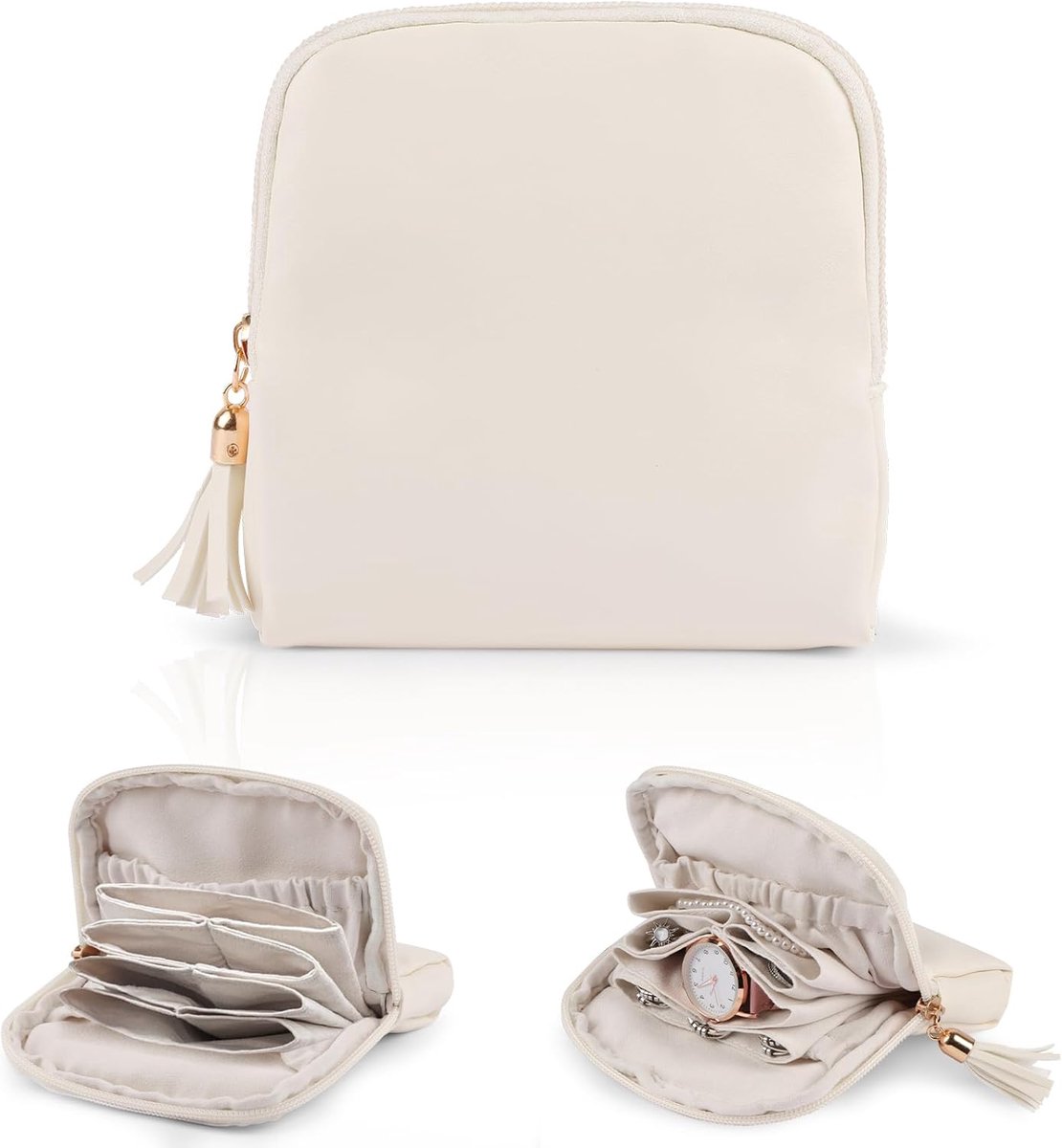 SnelShoppen - Travel Jewellery Box - 6 Laags Draagbare Sieraden Organizer, Coin Pouch, Kleine Fringed Sieraden Box, Mini Sieraden Opslag, Beige, Perfe