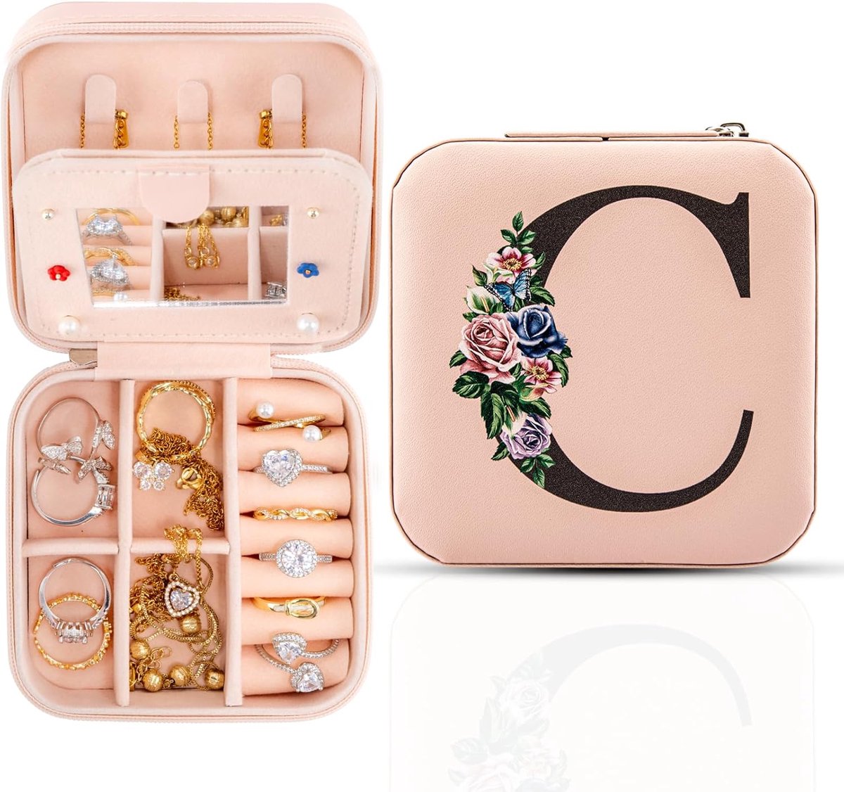 SnelShoppen - Travel Jewelry Box met Spiegel, Gepersonaliseerde Sieraden Organizer voor Ringen, Kettingen en Oorbellen, Perfecte Cadeau voor Vrouwen e
