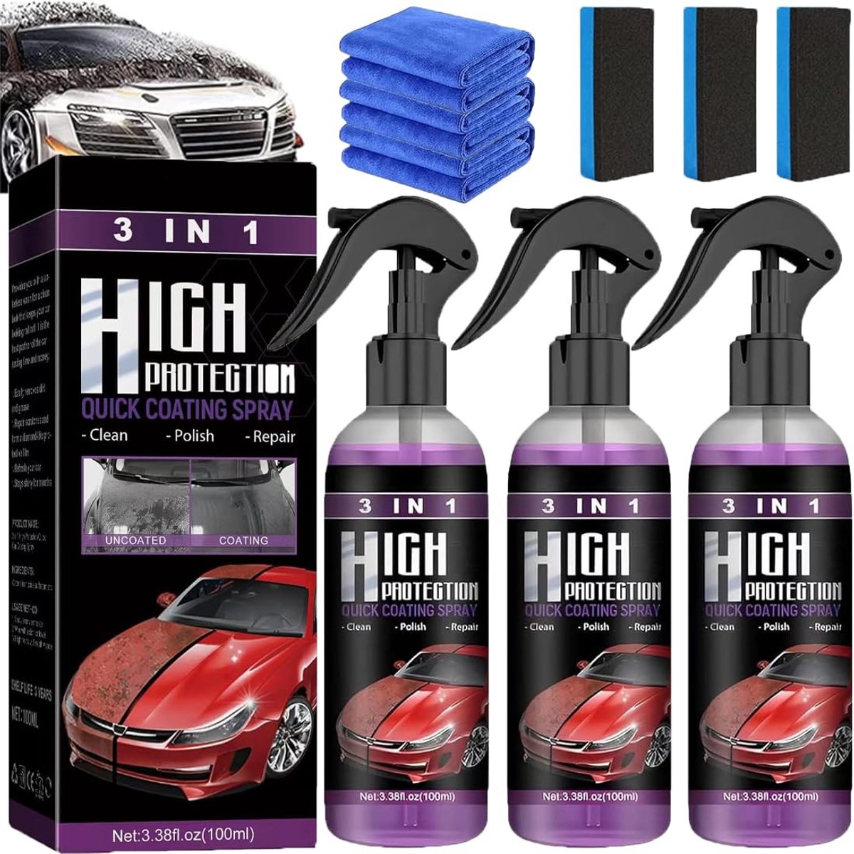 SnelShoppen - High Protection 3-in-1 Spray 300ml - Nano Spray Glazing Ceramic voor Auto - Polijstmiddel en Coating - Tot 6 Maanden Hydrofobe Beschermi