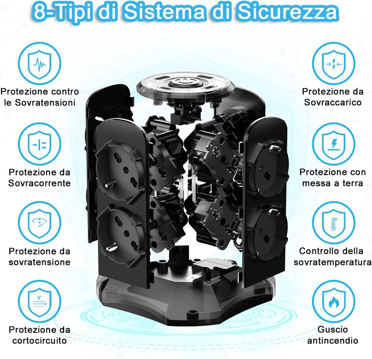 SnelShoppen - TOPREK Verticale Meerdere Stekkerdoos met 8 Italiaanse Aansluitingen, 4 USB Poorten (2x USB-A, 2x USB-C, 20W PD3.0 Snelladen), 2m Kabel,