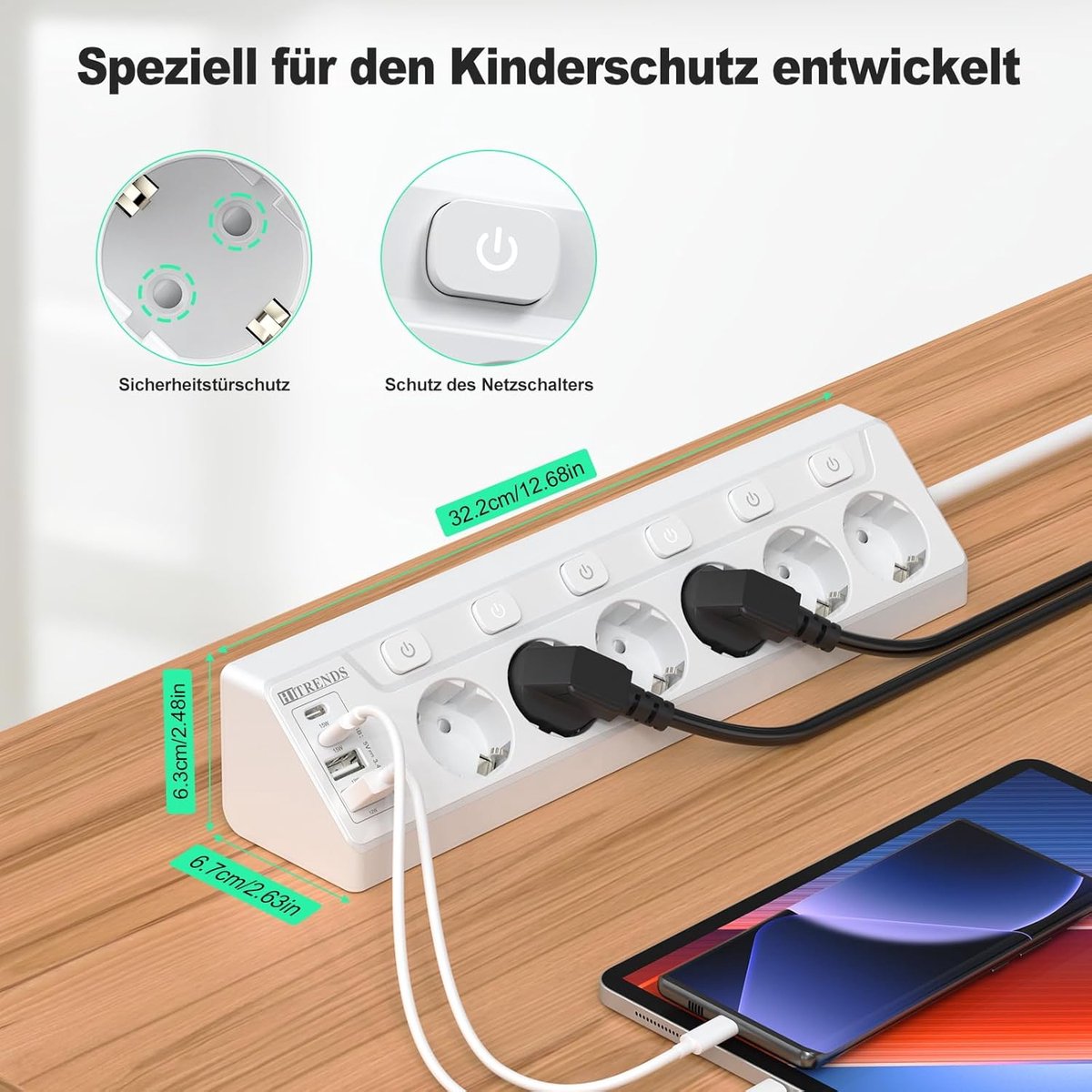 SnelShoppen - 10-in-1 Stekkerdoos met USB en Type-C, 6-Weg Power Strip met Schakelaar, 2m Kabel, Wit, Ideaal voor Thuis, Smartphone, Tablet, Computer