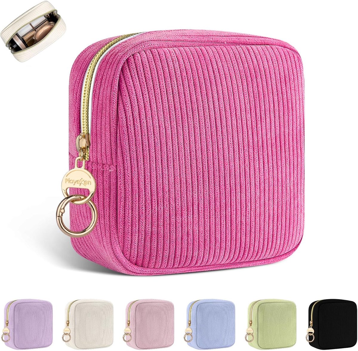 SnelShoppen - Mini Cosmetic Bag Dames - Beige Corduroy Make-up Tas - Zachte Toilettas voor Reizen - Handige Organizer voor Verjaardag of Dagelijks Geb