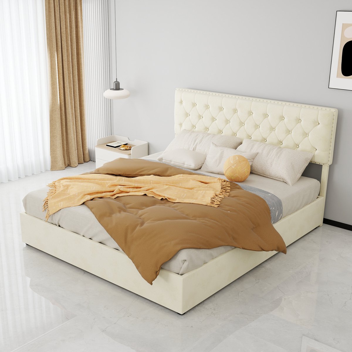HAUSS SPOLE Gestoffeerd Bed 160x200 cm - Tweepersoonsbed Met Hoge Hoofdbord En Opbergruimte - Zonder Matras - Fluwelen Stof - Beige