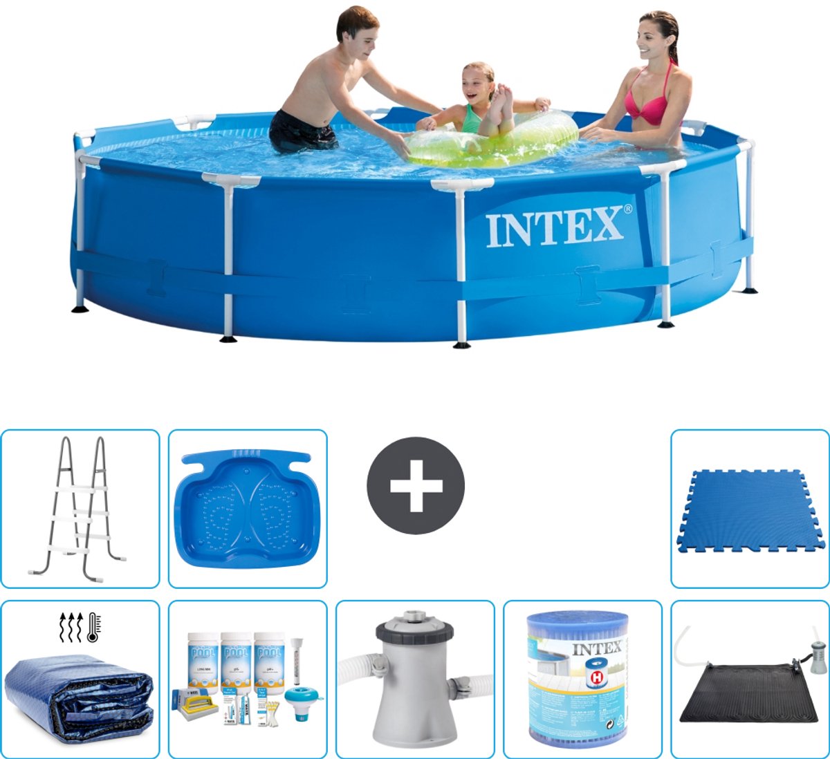 Intex Rond Frame Zwembad – 305 x 76 cm – Blauw – Inclusief Solarzeil – Onderhoudspakket – Zwembadfilterpomp – Filter – Solar Mat – Ladder – Voetenbad – Vloertegels – 9-delig