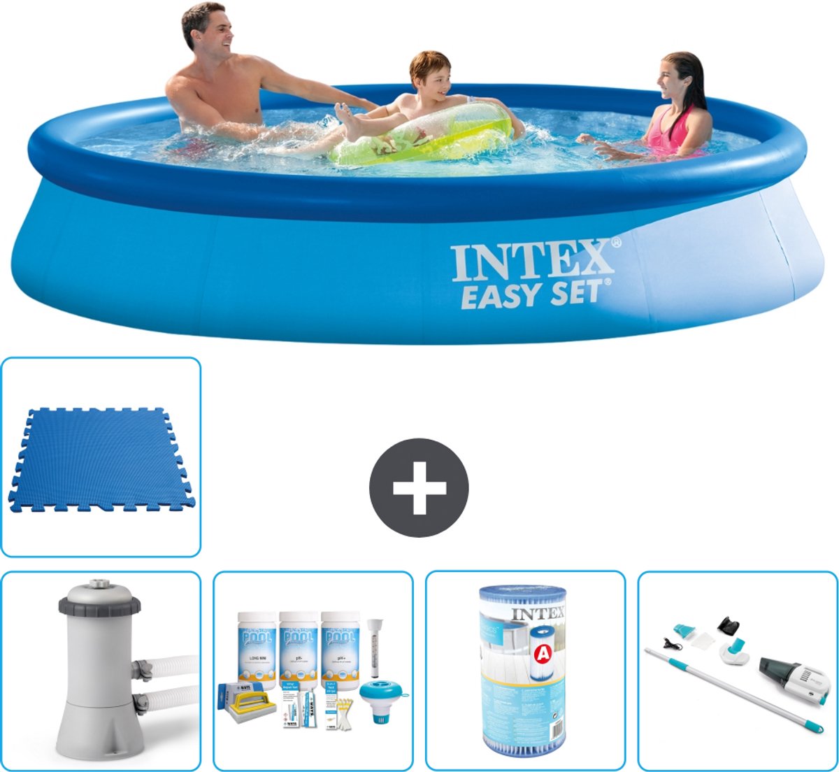 Intex Rond Opblaasbaar Easy Set Zwembad - 366 x 76 cm - Blauw - Inclusief Pomp - Onderhoudspakket - Filter - Stofzuiger - Vloertegels - 6-delig