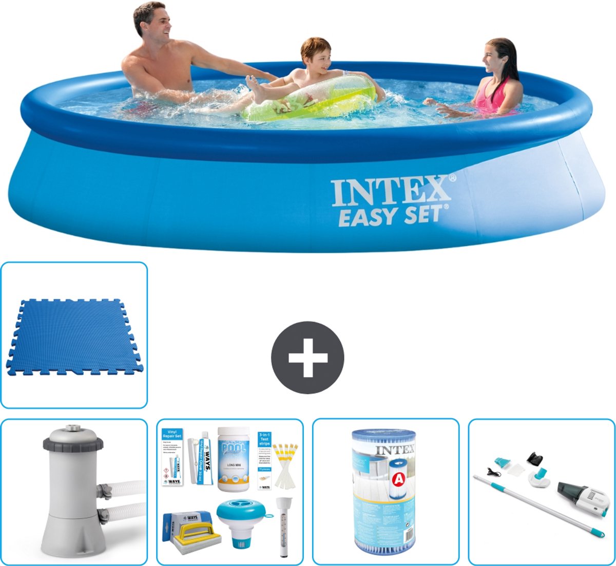 Intex Rond Opblaasbaar Easy Set Zwembad - 366 x 76 cm - Blauw - Inclusief Pomp - Onderhoudspakket - Filter - Stofzuiger - Vloertegels - 6-delig