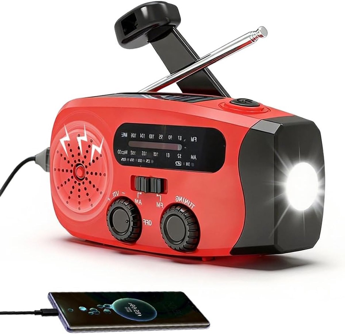 Noodradio met zwengel en zonne-energie, 2000 mAh powerbank, AM/FM/WB, LED-zaklamp en SOS-alarm voor outdoor en camping avontuur