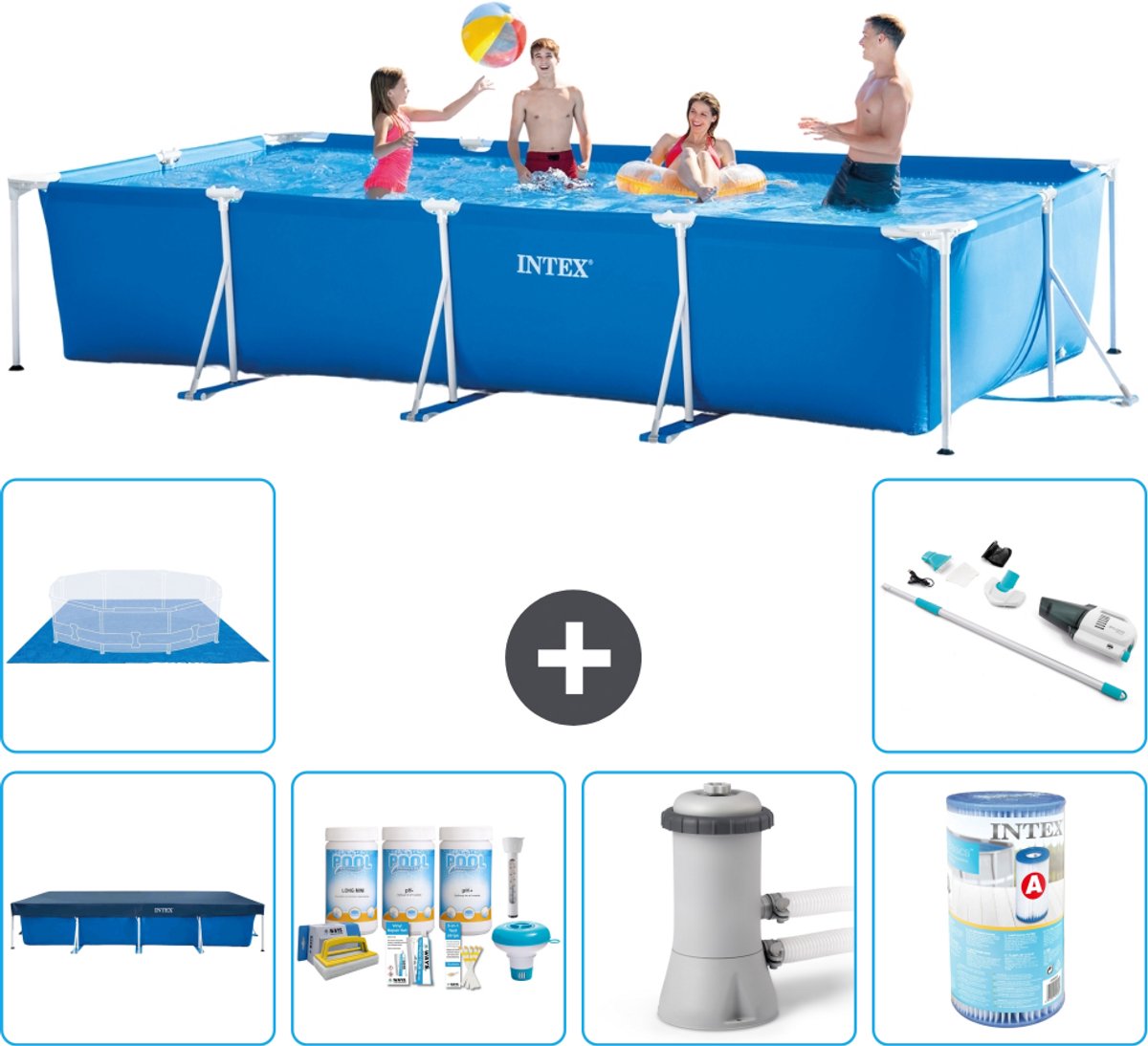 Intex Rechthoekig Frame Zwembad - 450 x 220 x 84 cm - Blauw - Inclusief Afdekzeil - Onderhoudspakket - Zwembadfilterpomp - Filter - Grondzeil - Stofzuiger - 7-delig