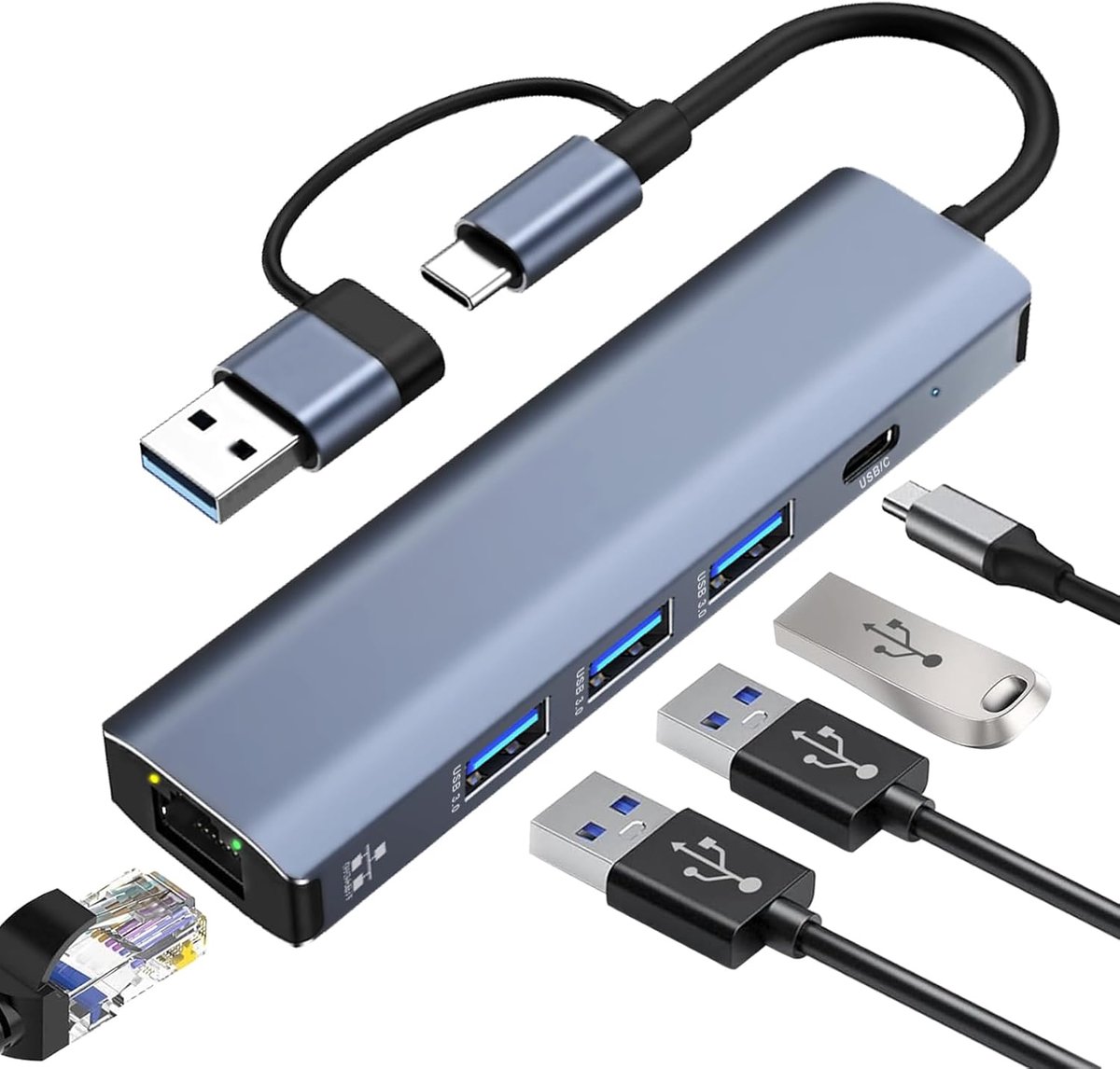 SnelShoppen - USB C Ethernet Adapter 1000m, USB-C Hub Ethernet USB 3.0 naar RJ45 Gigabit Netwerk Adapter met 3 x USB 3.0 & 1 x Type-C Poort, Compatibe