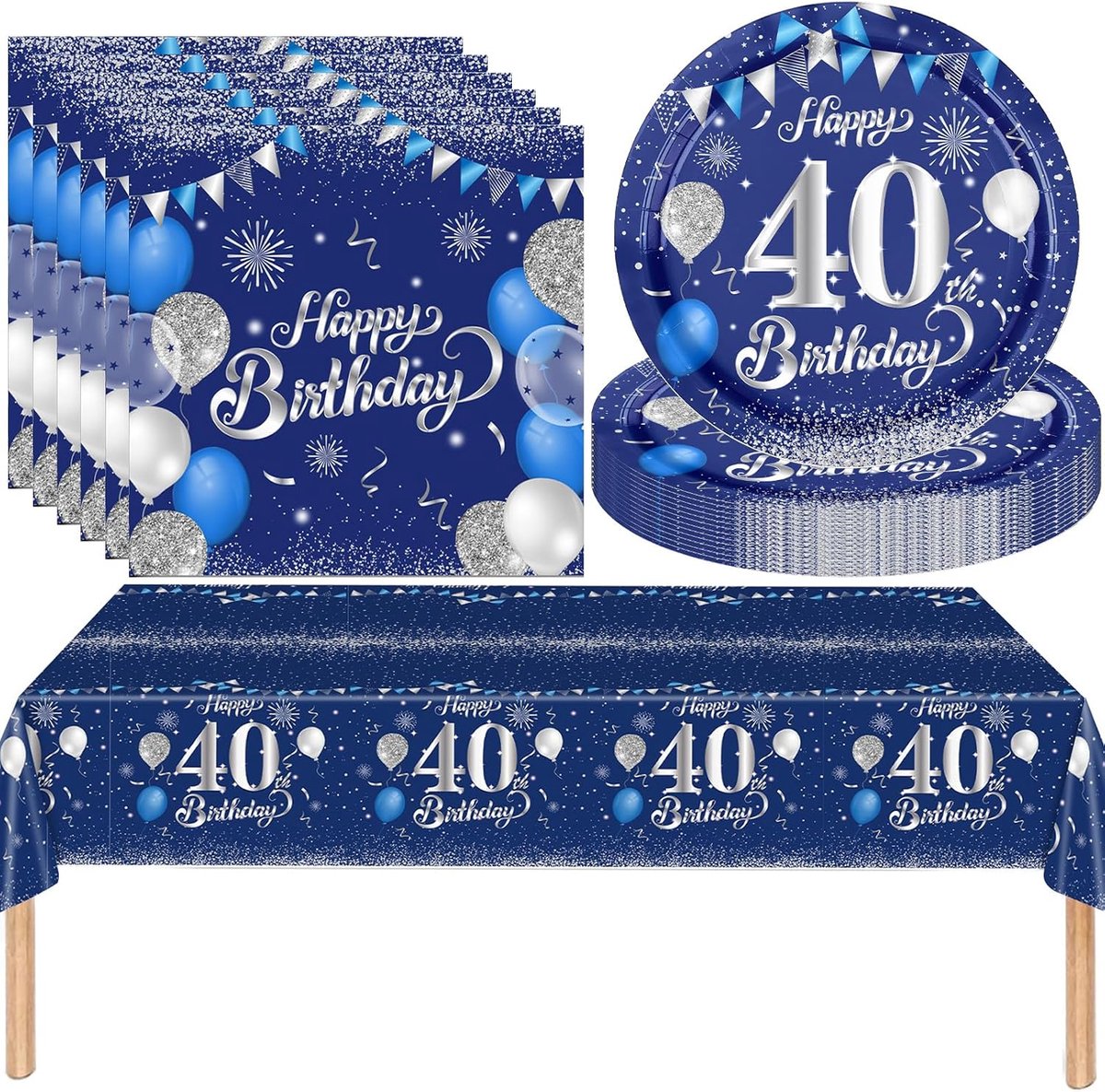 SnelShoppen - 37-delig Verjaardag Servies Set voor 40 Personen, Navy Blauw Zilver Papieren Tafelgerei voor 40ste Verjaardag, Feestdecoraties en Tafelb
