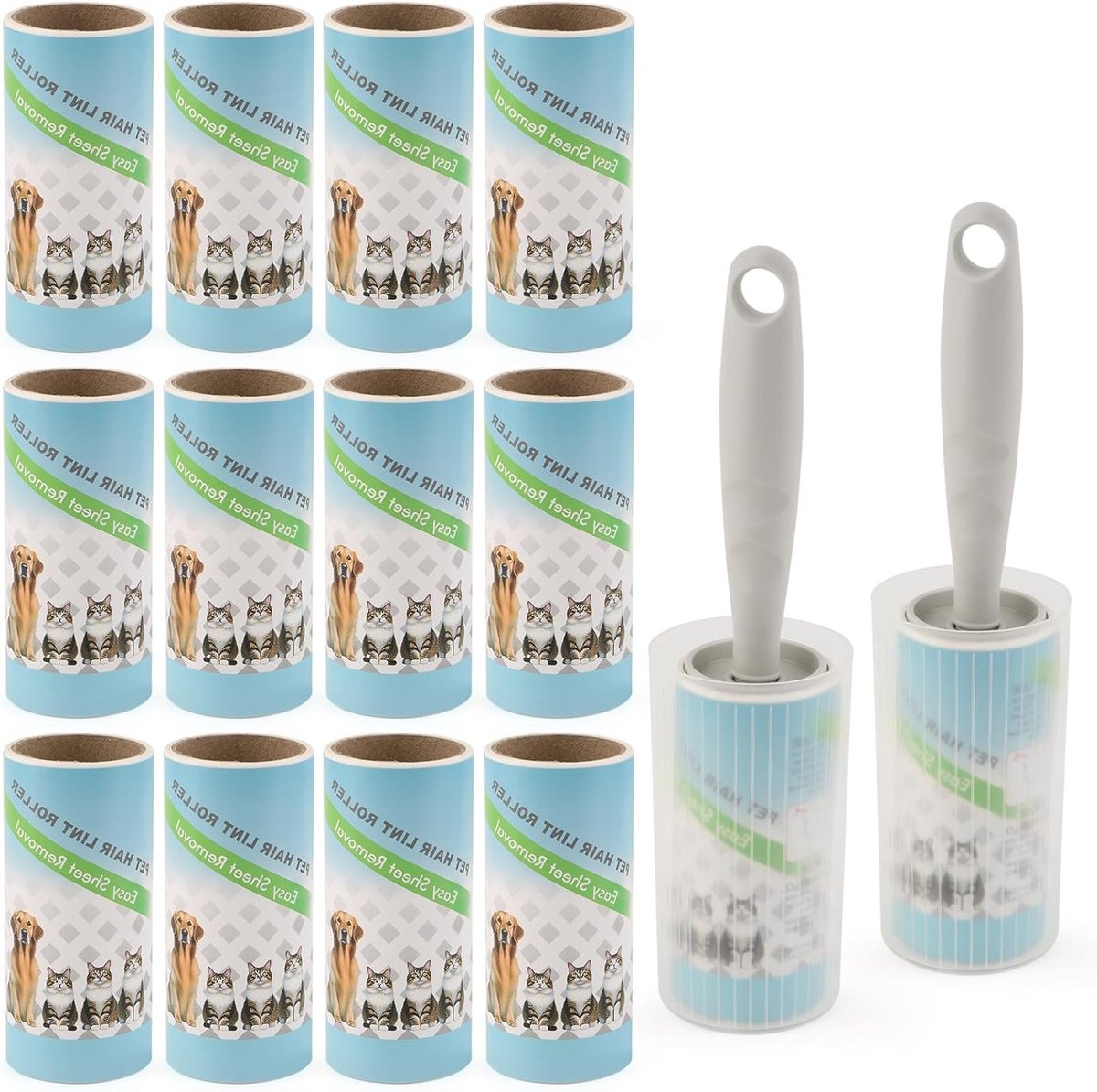 Extra Sticky Stick Set voor Dierenharen, 560 Vel, Lintverwijderaar voor Honden en Katten, 14 Rollen + 2 Handvatten
