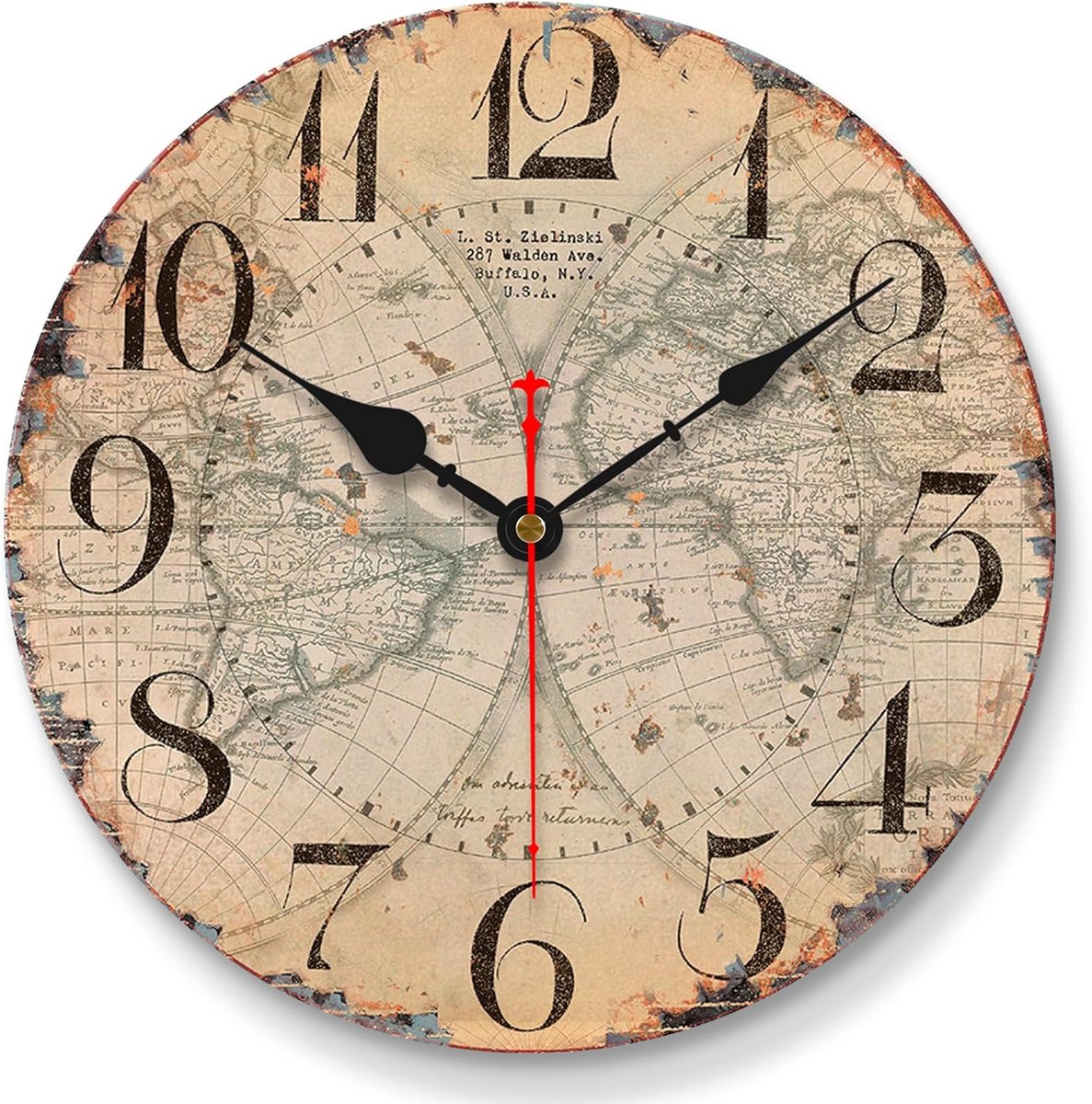 SnelShoppen - Vintage Wereldkaart Wandklok 20cm - Stille Houten Klok voor Woonkamer, Keuken, Slaapkamer, Badkamer en Kantoor - Industrieel Landhuis St