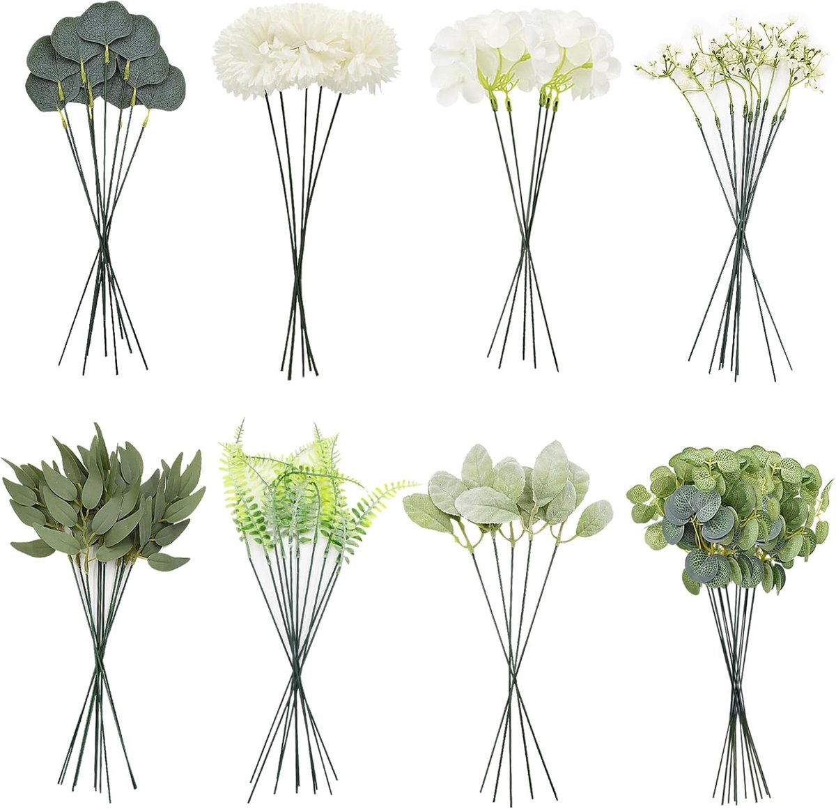 SnelShoppen - 65 Stuks Kunstbloemen Set - 8 Typen Kunstbloemen en Bladeren voor Buiten Bruiloft Tafel Decoratie, Bloem Arrangementen - Perfect voor Fe